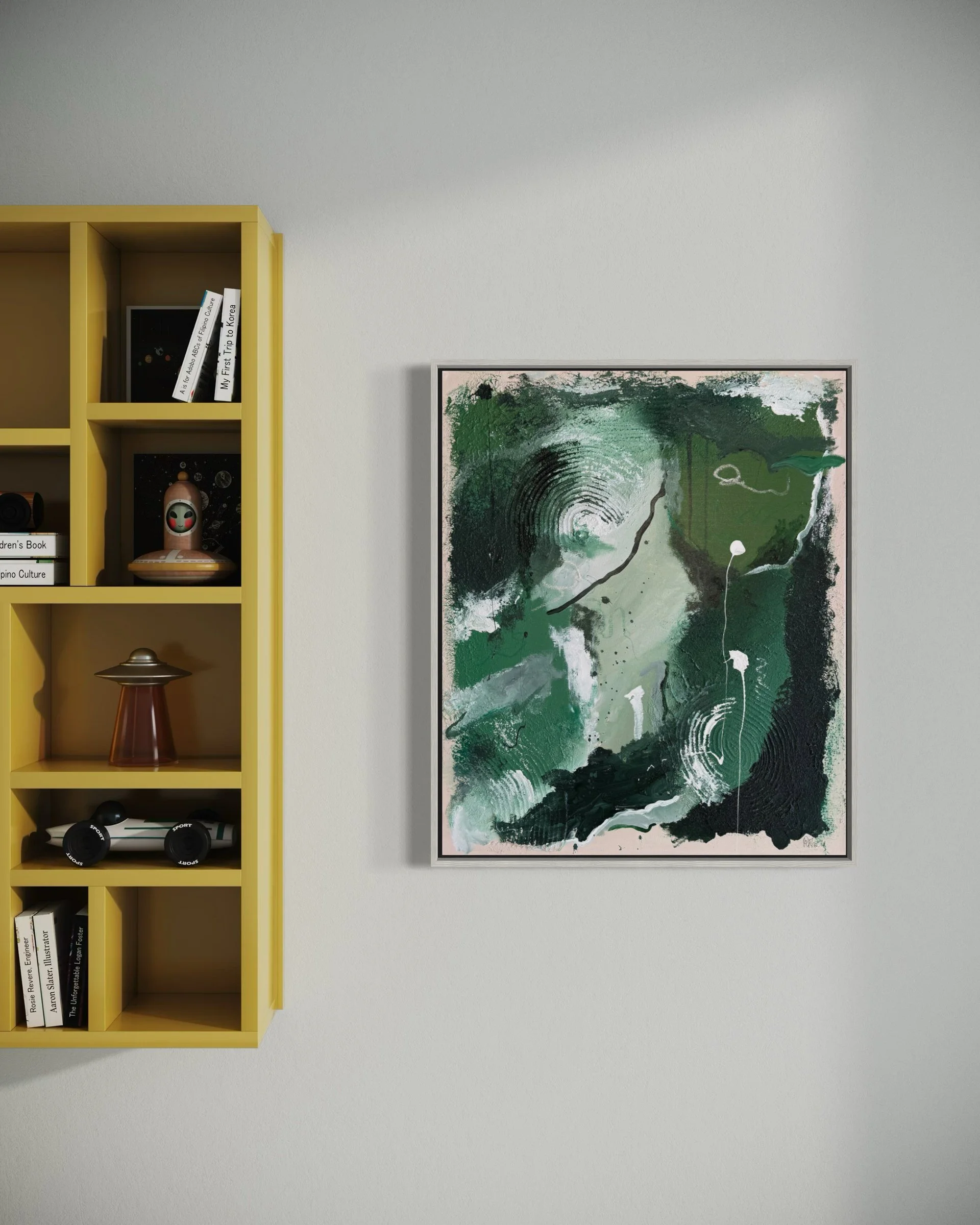 The Many Shades of Life interior mockup next to a yellow shelf – original green abstract painting, Kunst kaufen Frankfurt
