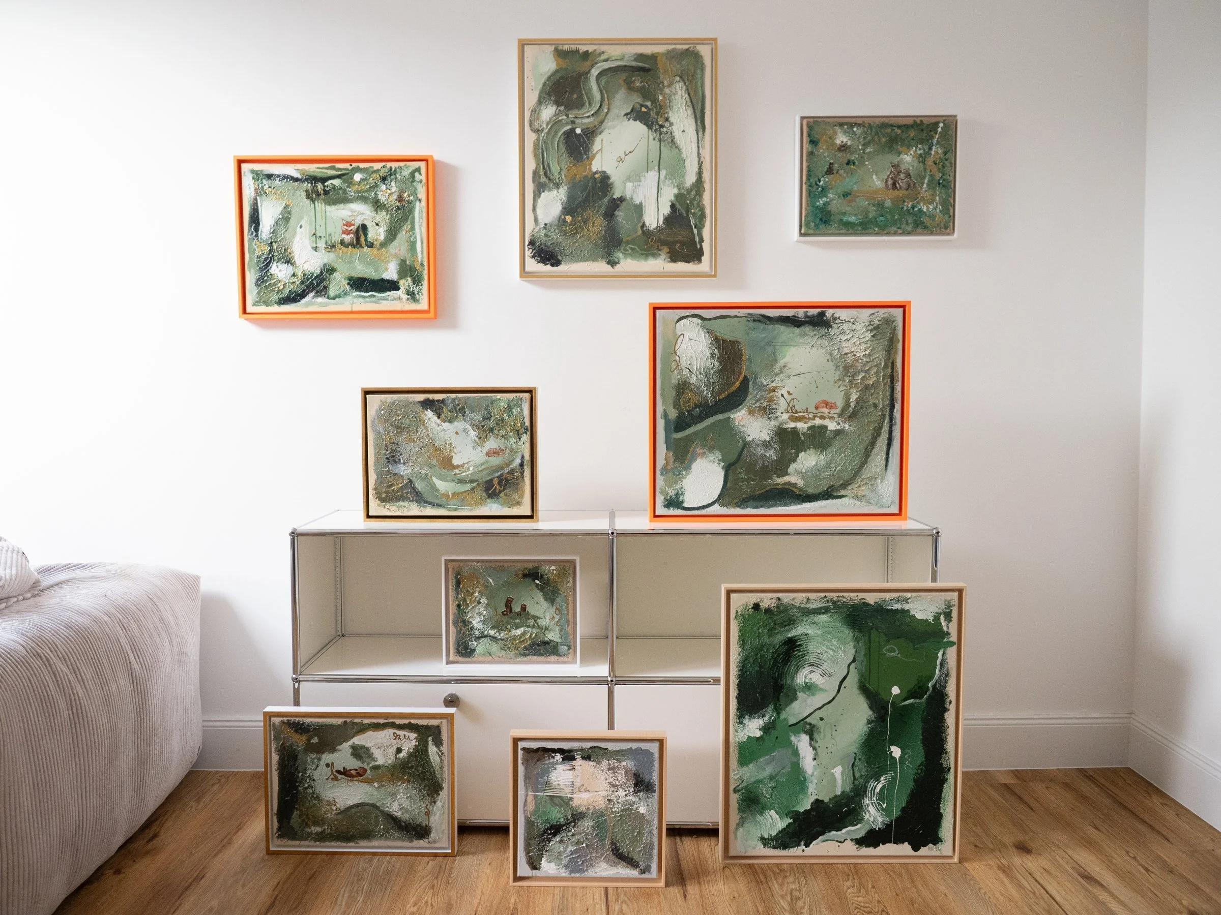 The Promise of Return shown with the full Secrets of the Forest series on a gallery wall – Bilderwand abstrakte Kunst by Sabrina Richter