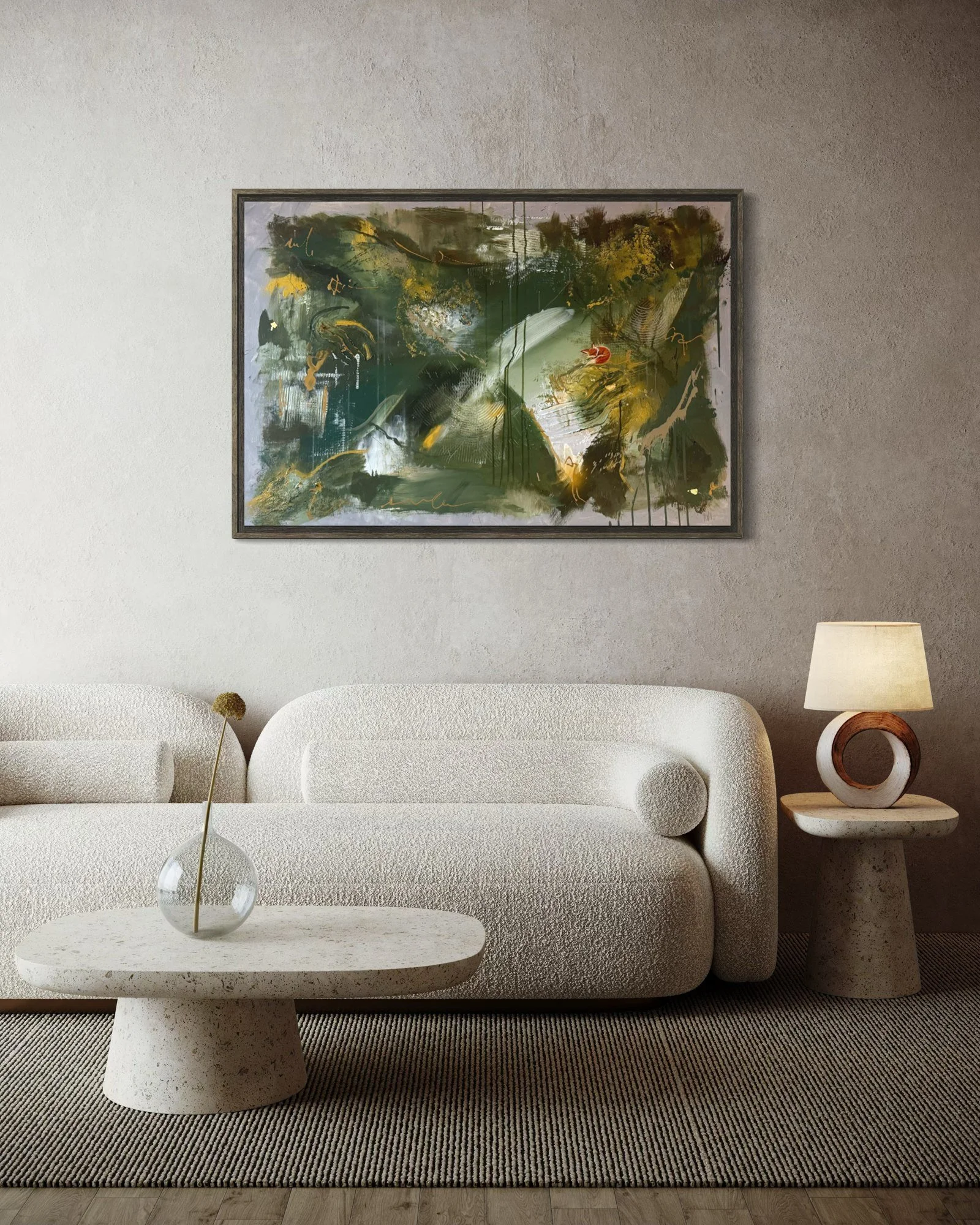 Whispering Beneath the Moss – abstract painting above sofa by Sabrina Richter, series Seen and Unseen – abstraktes Originalgemälde, Acryl auf Leinwand, Kunst kaufen