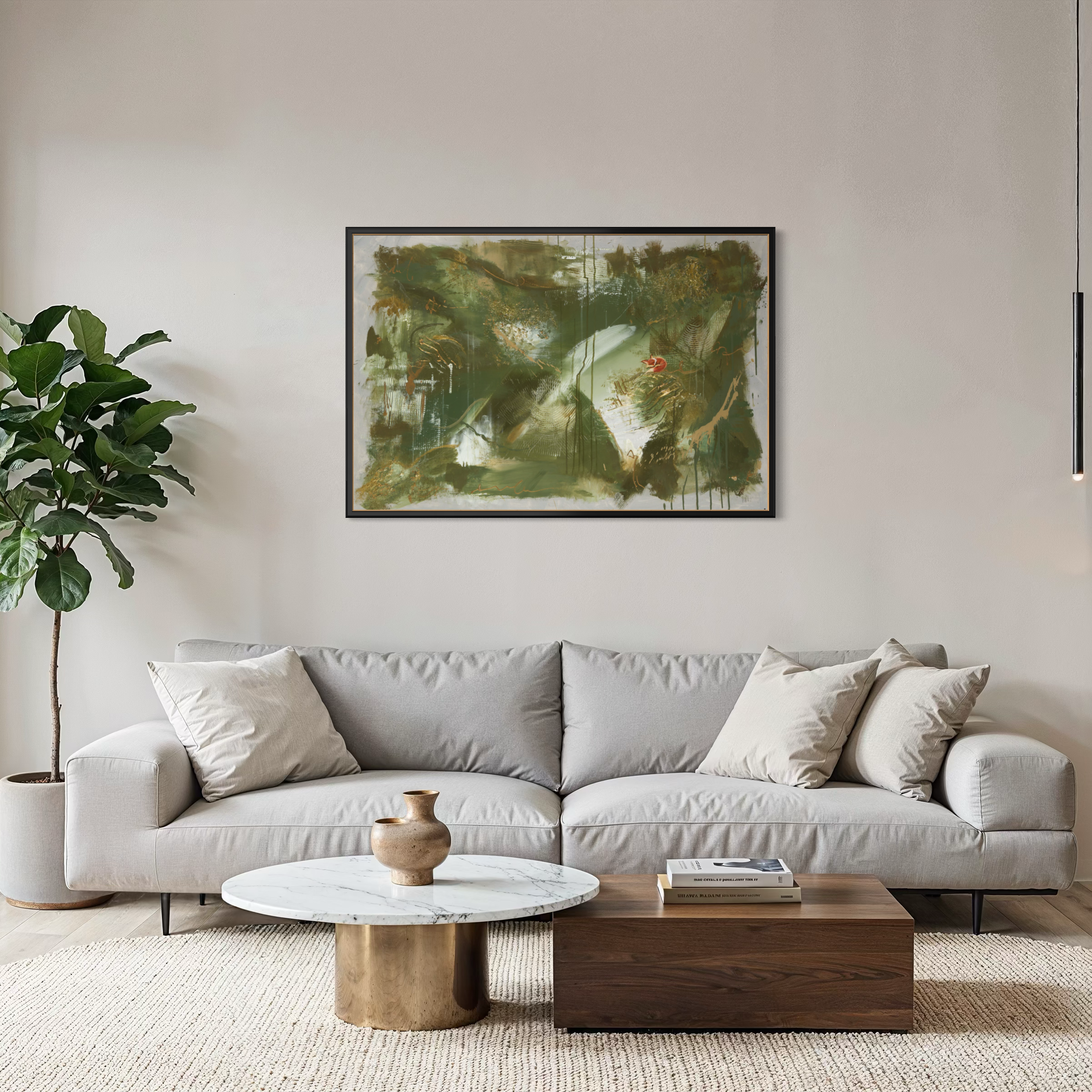 Whispering Beneath the Moss fine art print by Sabrina Richter, green abstract painting framed above a sofa in a living room