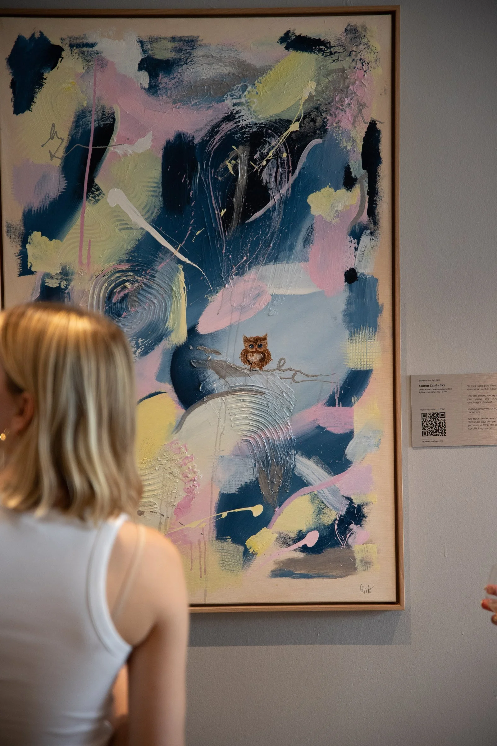 Cotton Candy Sky, original abstract acrylic painting with a hidden owl by Sabrina Richter, on show at an exhibition