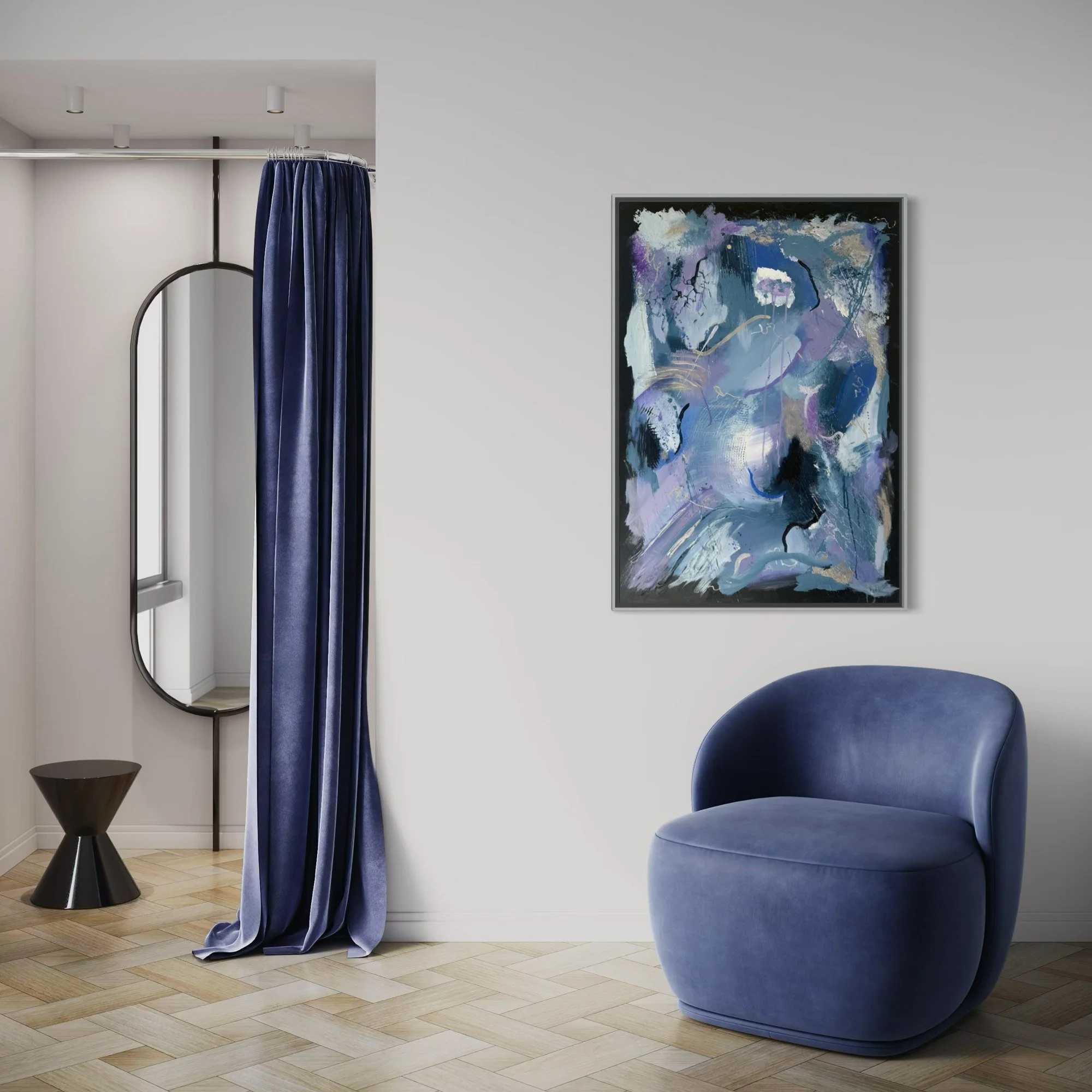 Underwater Lightning – abstract painting blue armchair by Sabrina Richter, series Seen and Unseen – abstraktes Originalgemälde, Acryl auf Leinwand, Kunst kaufen
