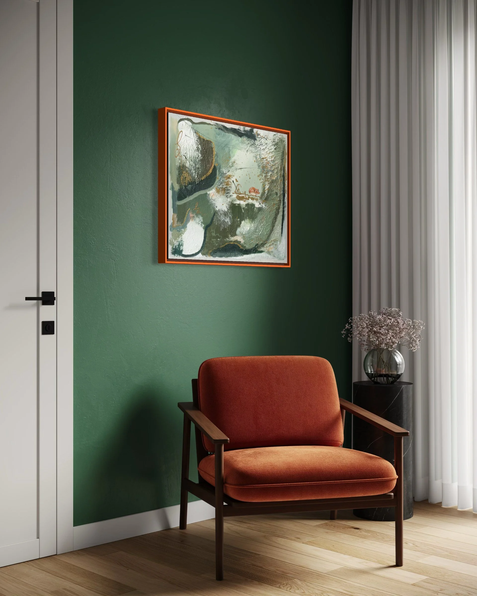 Secrets Have Ears interior mockup on a dark green wall with a rust armchair – original fox art, Fuchs Bild kaufen Frankfurt