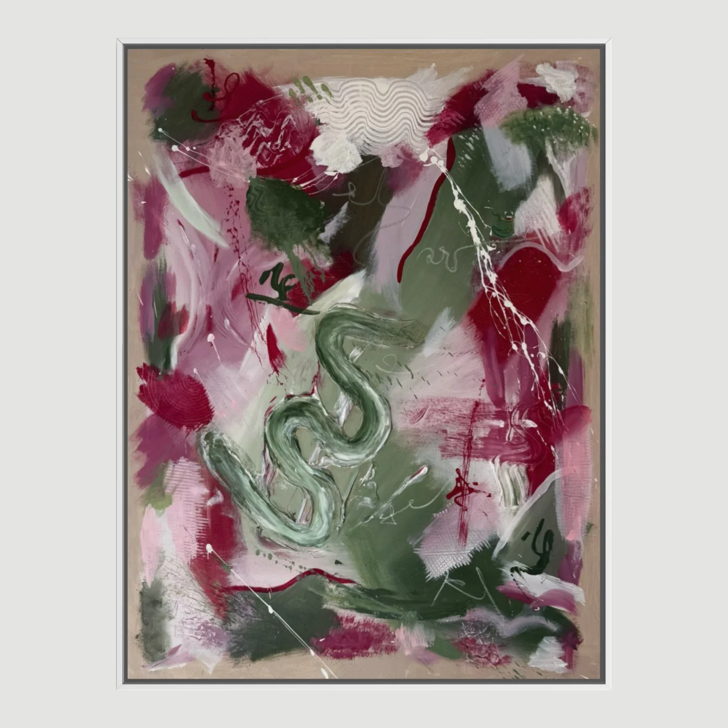 Predator in Peonies – original abstract painting pink green by Sabrina Richter, series Seen and Unseen – abstraktes Originalgemälde, Acryl auf Leinwand, Kunst kaufen