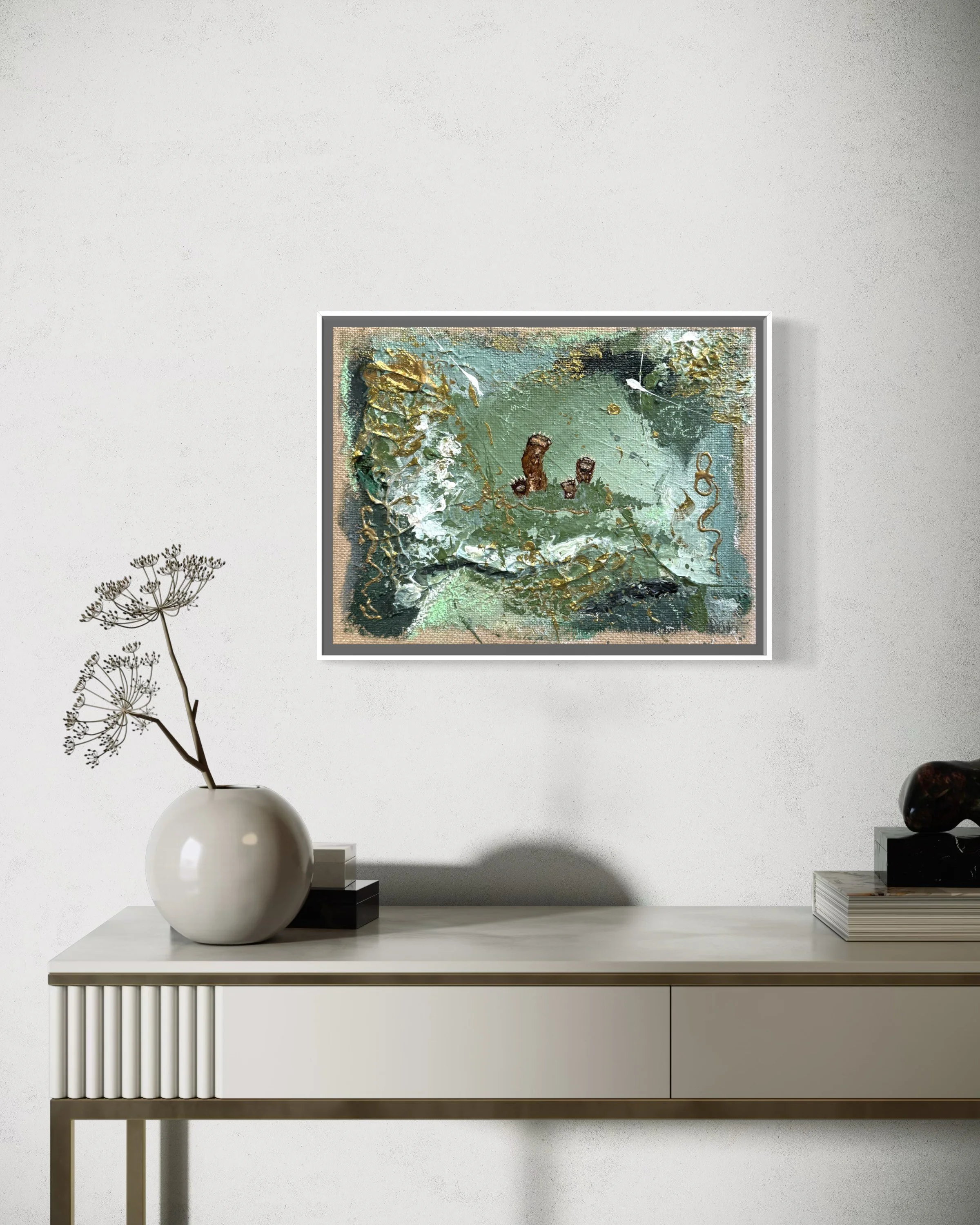 Dangerously Playful – original abstract painting with hidden bear paws, green and gold, in a white frame above a console – Originalgemälde by Sabrina Tina Richter