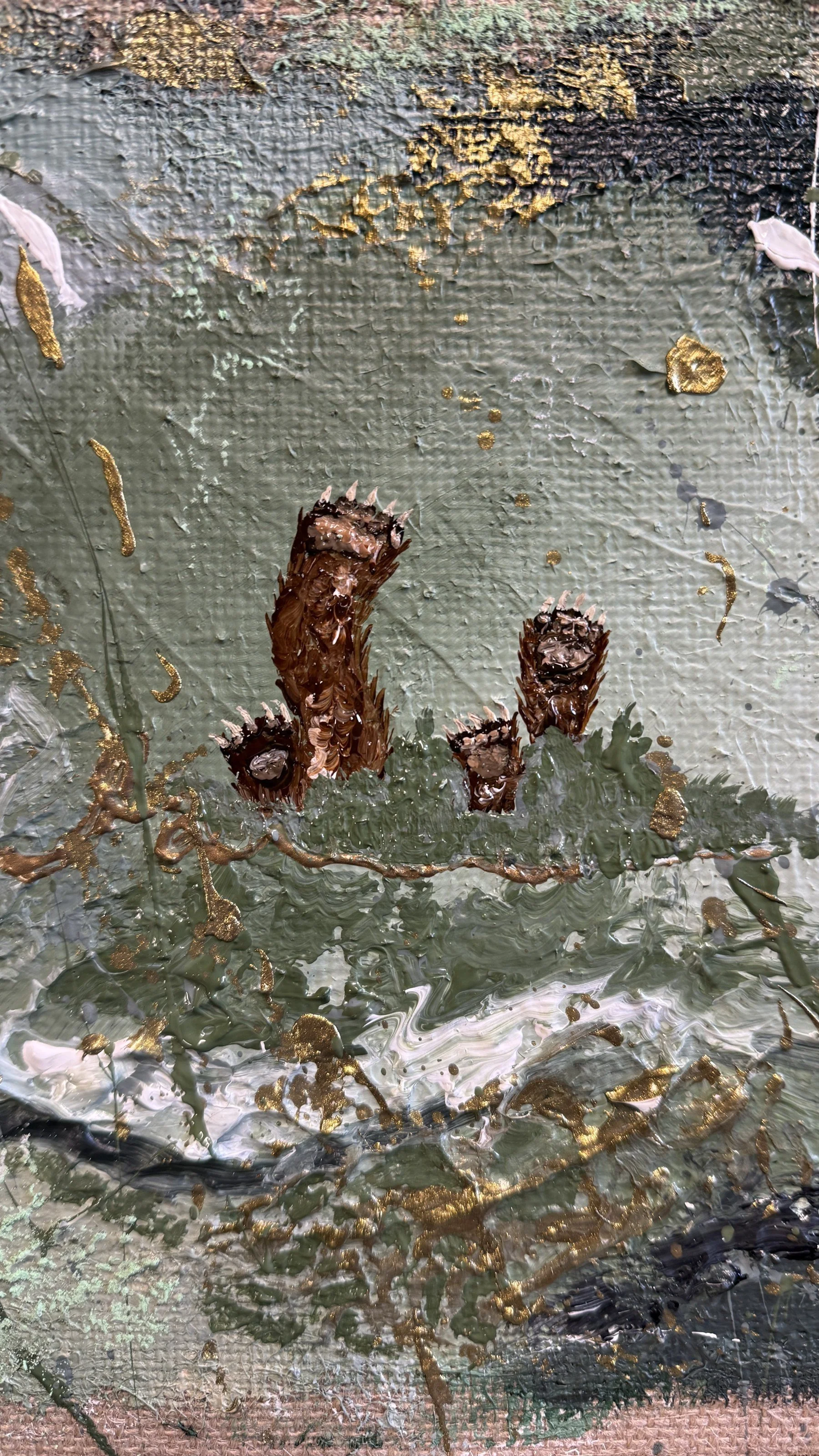 Dangerously Playful – detail of the hidden bear paws playing in the grass, textured acrylic and oil pastel