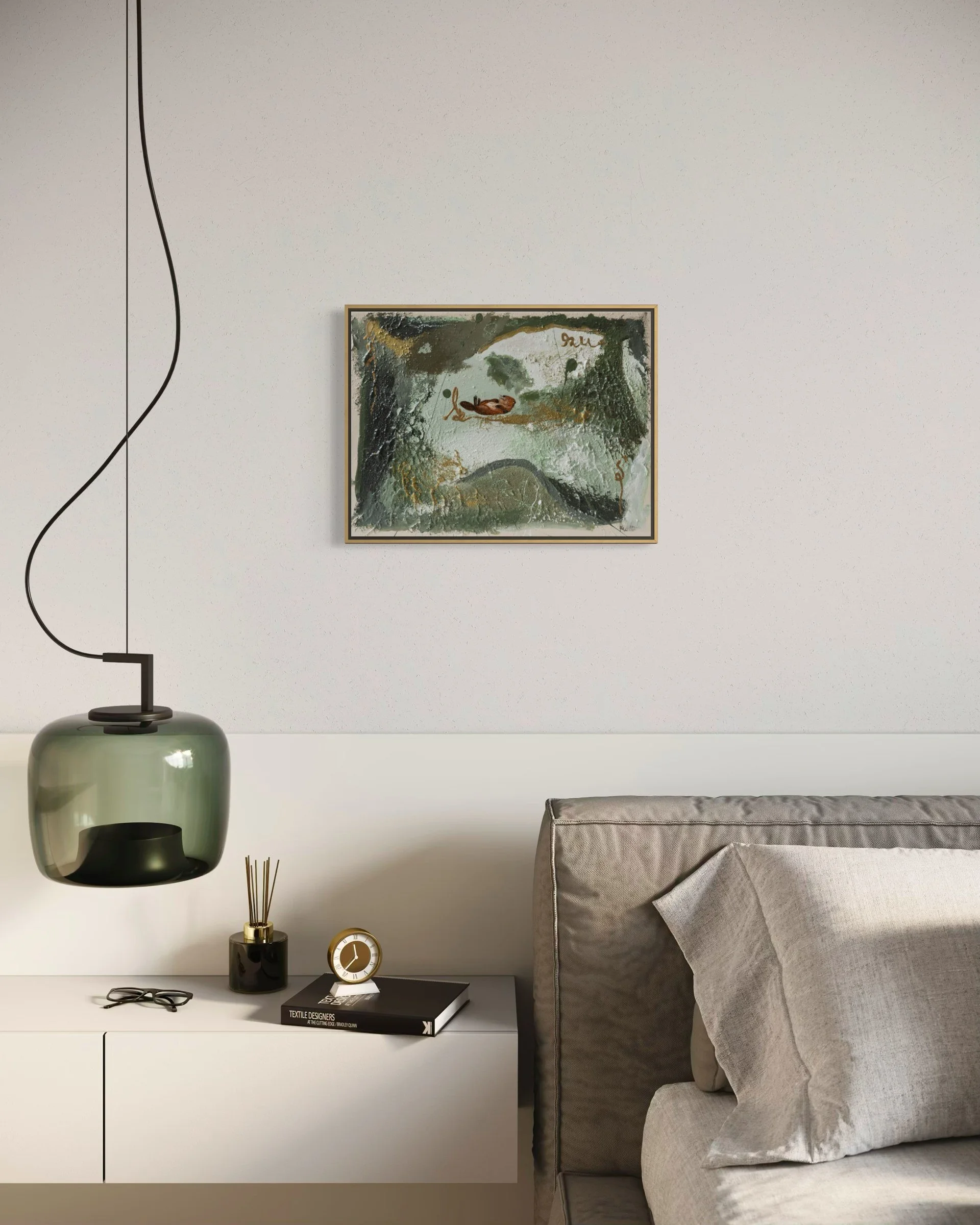 Rest Is Part of the Work interior mockup above a bed with pendant lamp – green abstract painting with beaver, Schlafzimmer Bild by Sabrina Richter