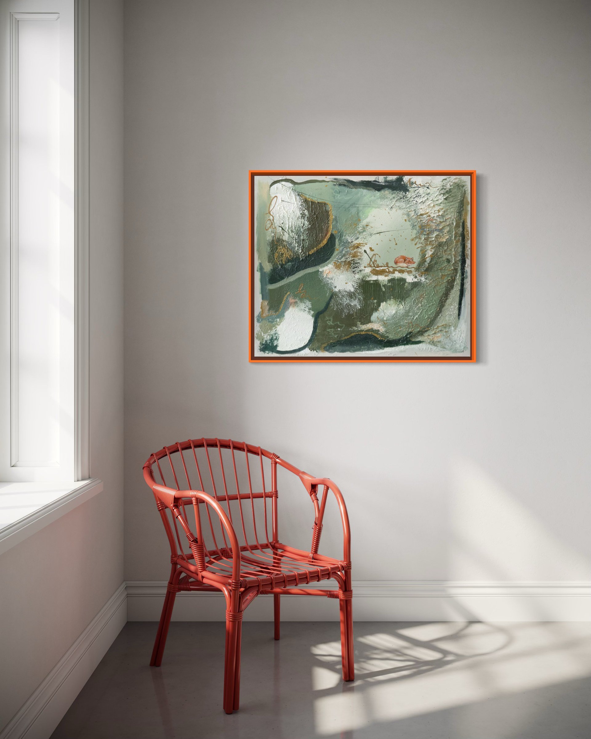 Secrets Have Ears interior mockup above a red rattan chair by a sunny window – orange framed fox painting, Wandbild by Sabrina Richter
