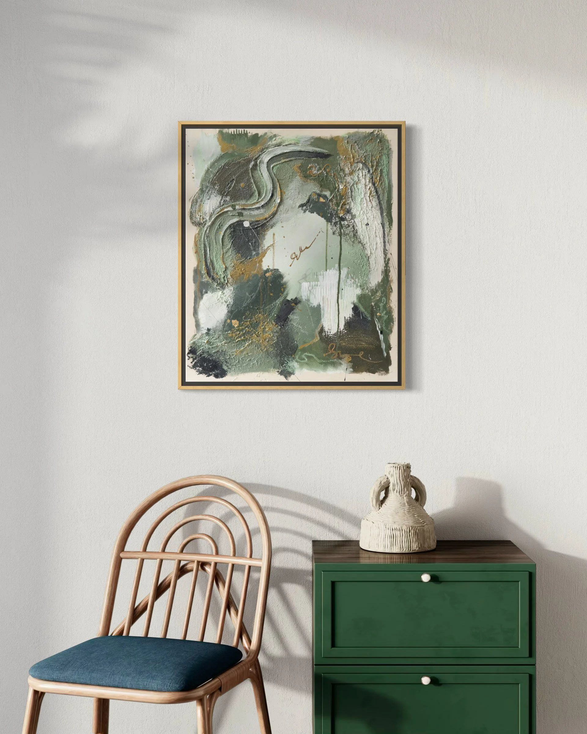 Keep Your Perspective interior mockup with rattan chair and green dresser – original abstract painting, Kunst kaufen Frankfurt