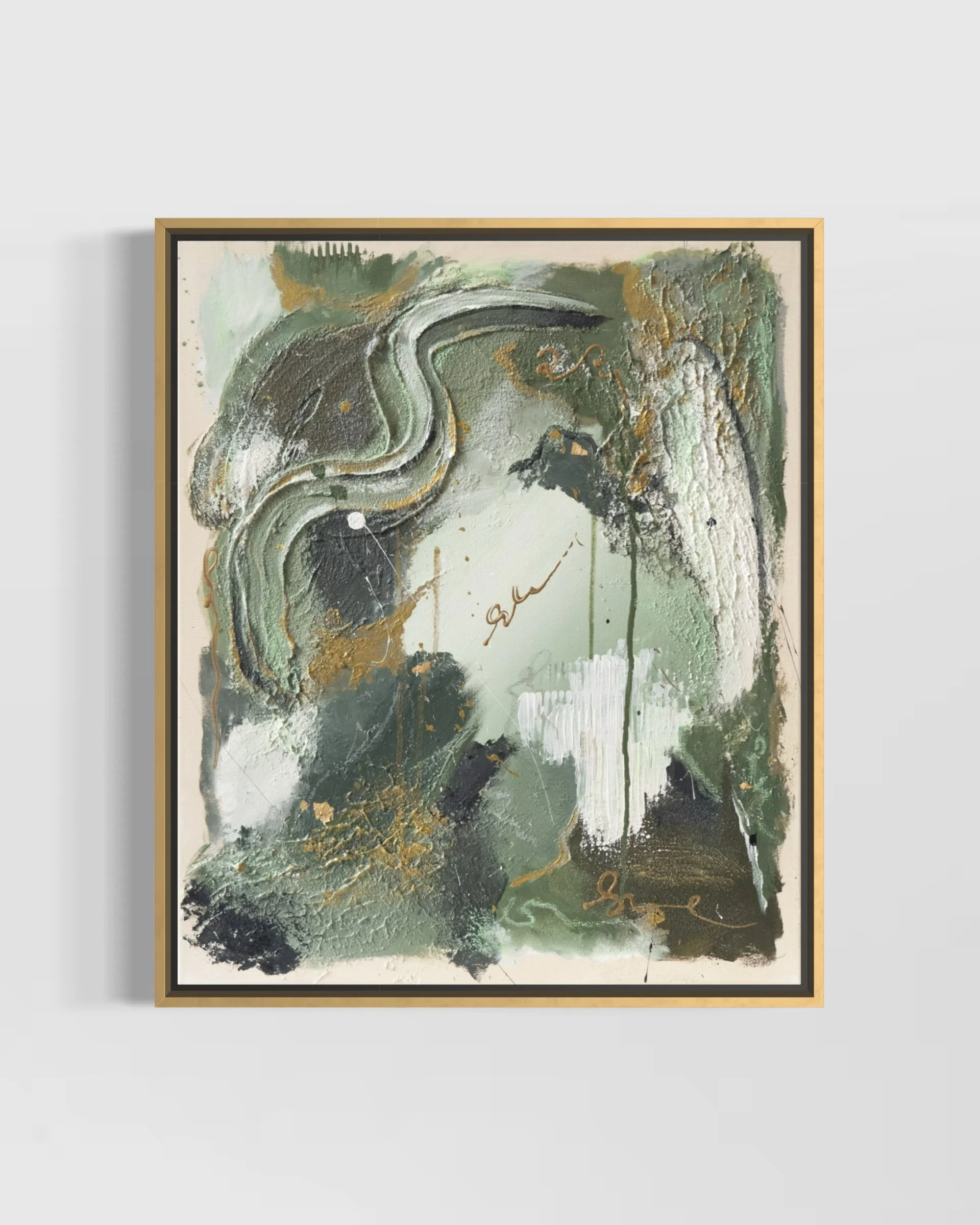 Keep Your Perspective – framed original abstract painting 50 × 60 cm with a winding serpent, gold-and-white frame, by Sabrina Richter, abstraktes Gemälde mit Schlange