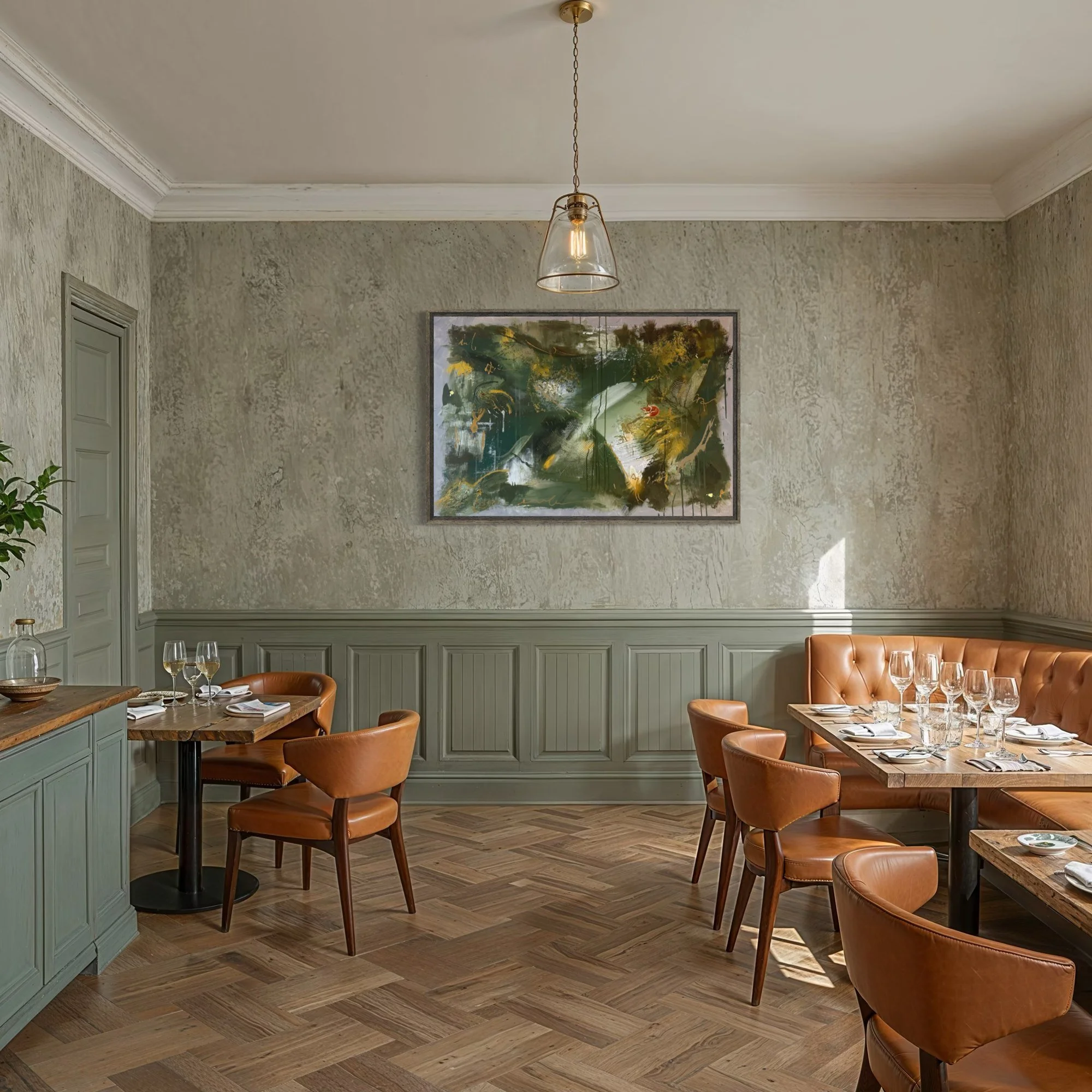 Whispering Beneath the Moss – abstract art restaurant by Sabrina Richter, series Seen and Unseen – abstraktes Originalgemälde, Acryl auf Leinwand, Kunst kaufen
