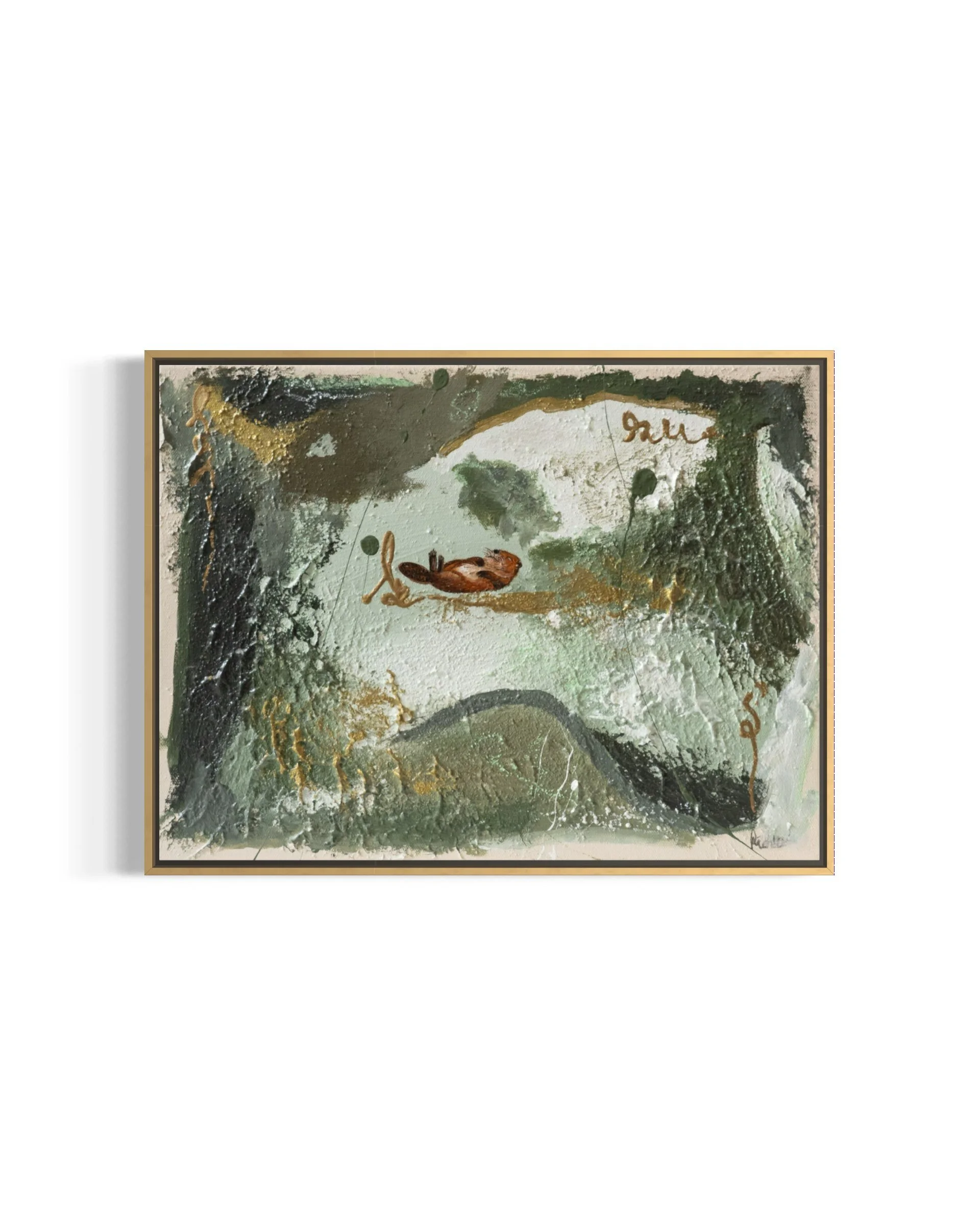 Rest Is Part of the Work – framed original abstract painting 30 × 40 cm with a resting beaver, gold-and-white frame, by Sabrina Richter, abstraktes Gemälde mit Biber