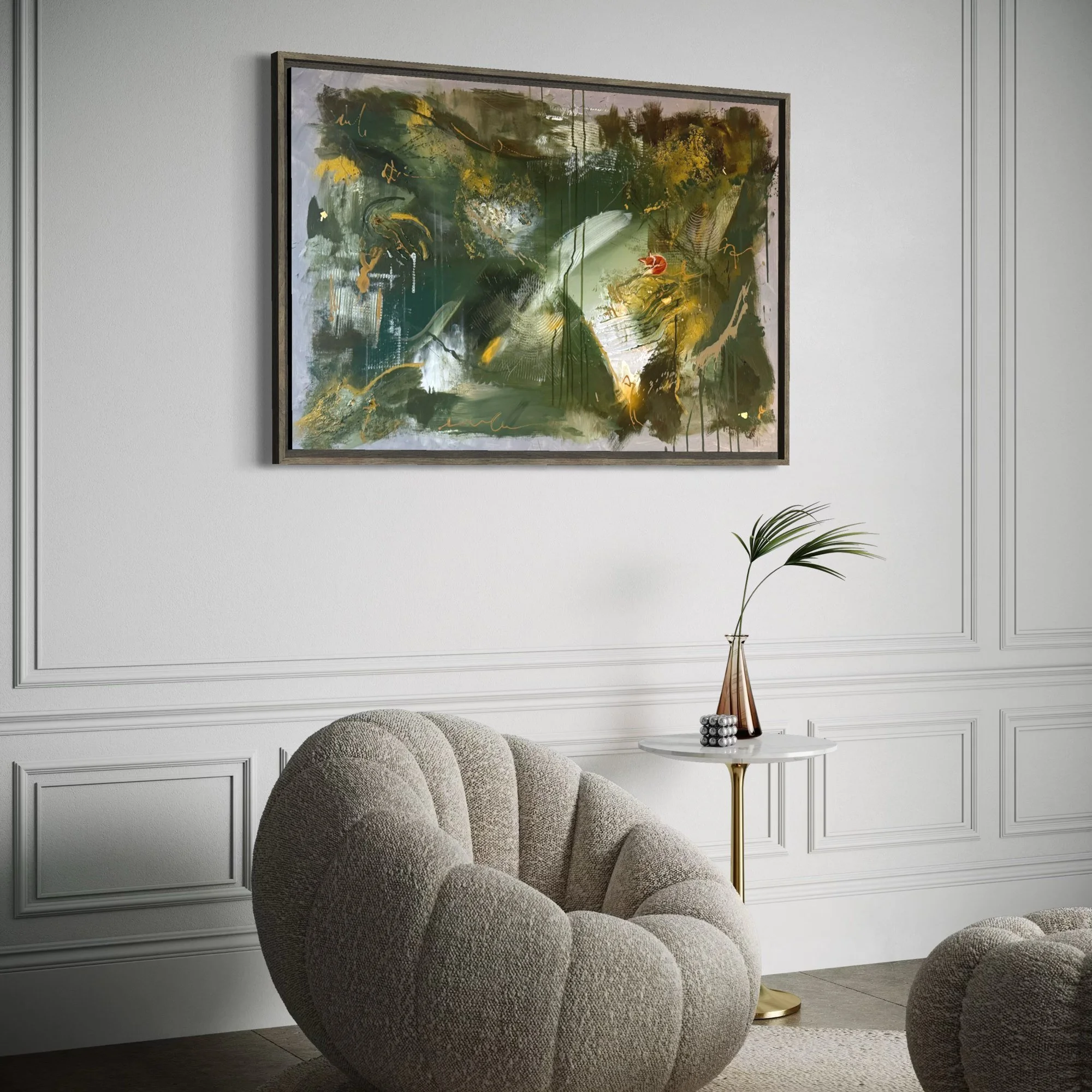 Whispering Beneath the Moss – framed painting side view by Sabrina Richter, series Seen and Unseen – abstraktes Originalgemälde, Acryl auf Leinwand, Kunst kaufen