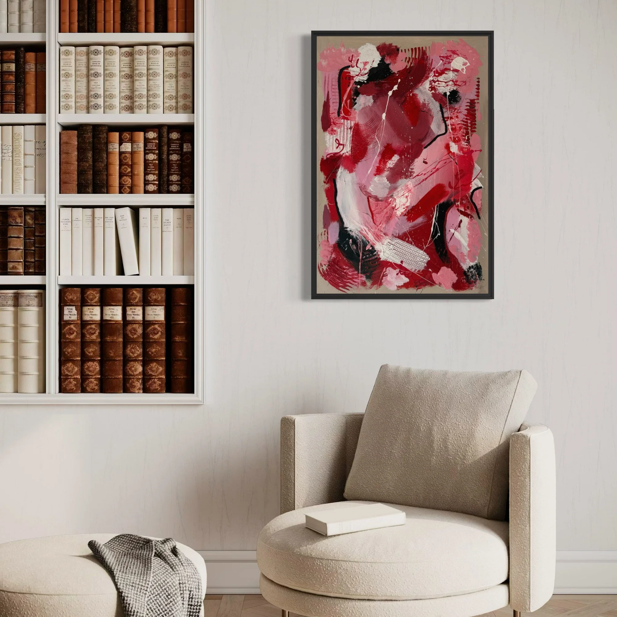 Ladybug in Strawberry Field – abstract painting reading corner by Sabrina Richter, series Seen and Unseen – abstraktes Originalgemälde, Acryl auf Leinwand, Kunst kaufen