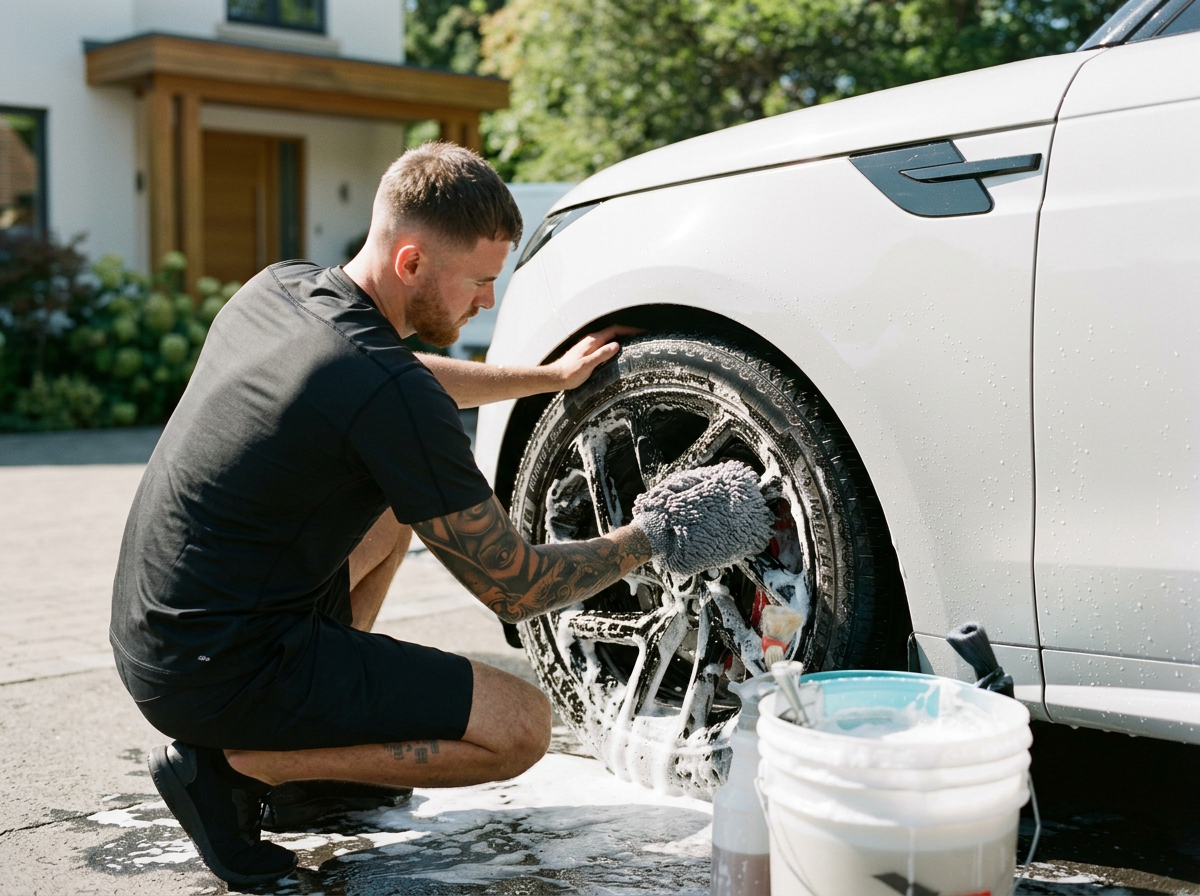 A man washing a white car with soap and a scrub brush outside on a driveway.