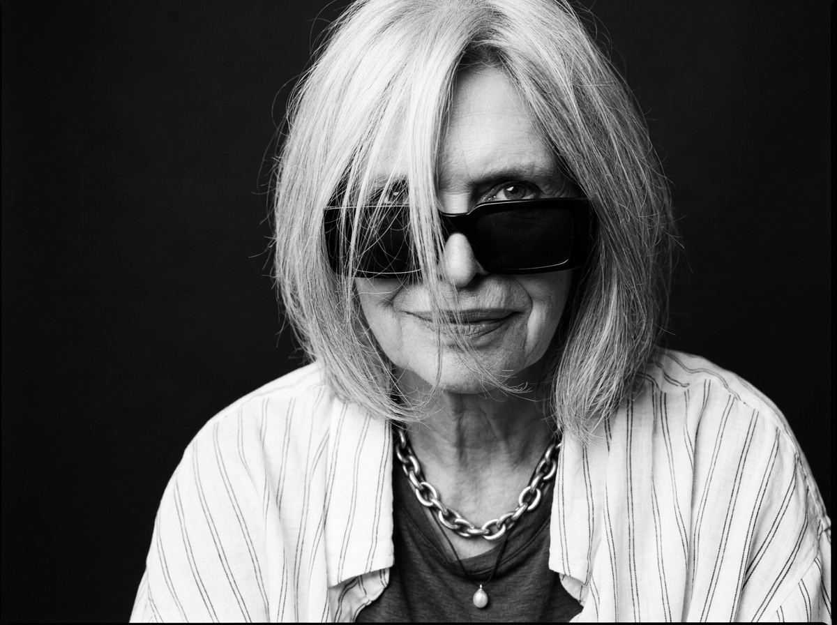 A black and white portrait of a woman with shoulder-length blonde hair wearing sunglasses, a striped shirt, and layered necklaces, smiling slightly against a dark background.