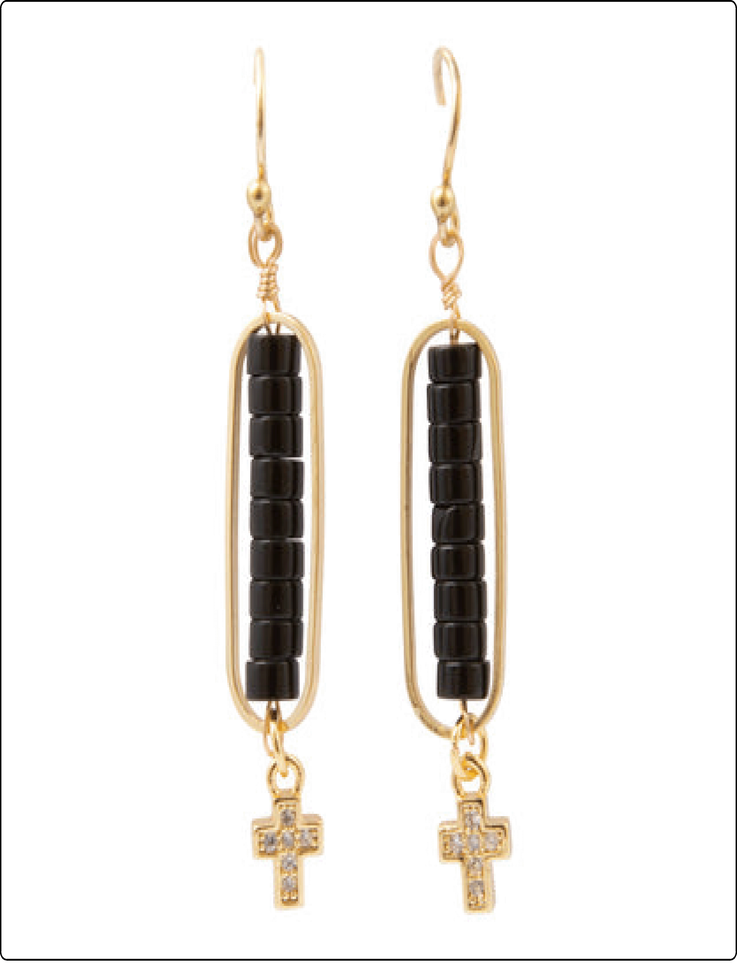 BLACK ONYX GOLDEN CROSS DROP EARRINGS