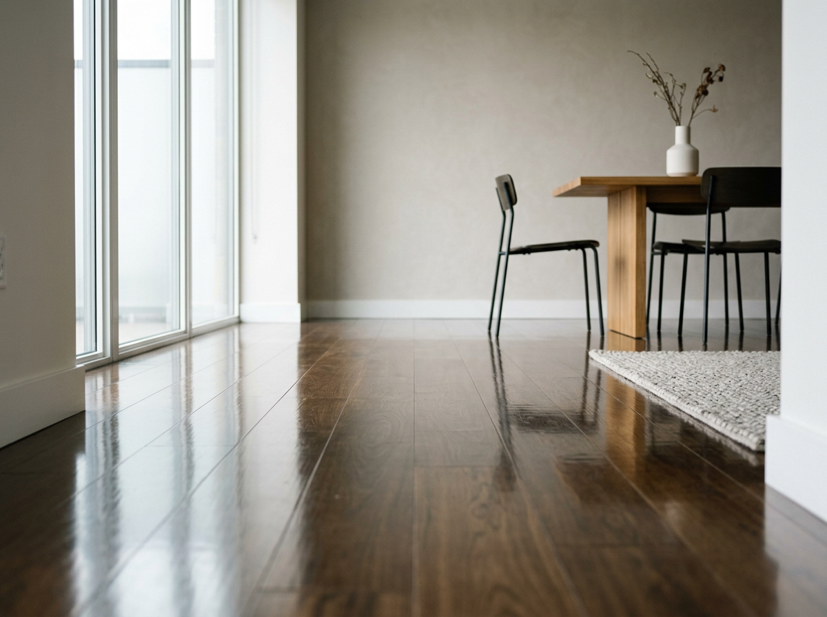 A modern dining area with a wooden table, three black chairs, a decorative vase with dried branches, and a neutral wall, next to a large window with sliding glass doors and a textured rug.
