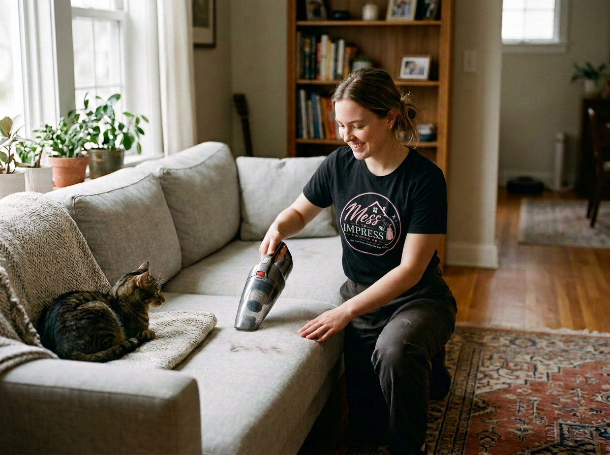A woman vacuuming a beige couch where a cat is sitting, in a cozy living room with wooden floors, plants, bookshelves, and a window with curtains.