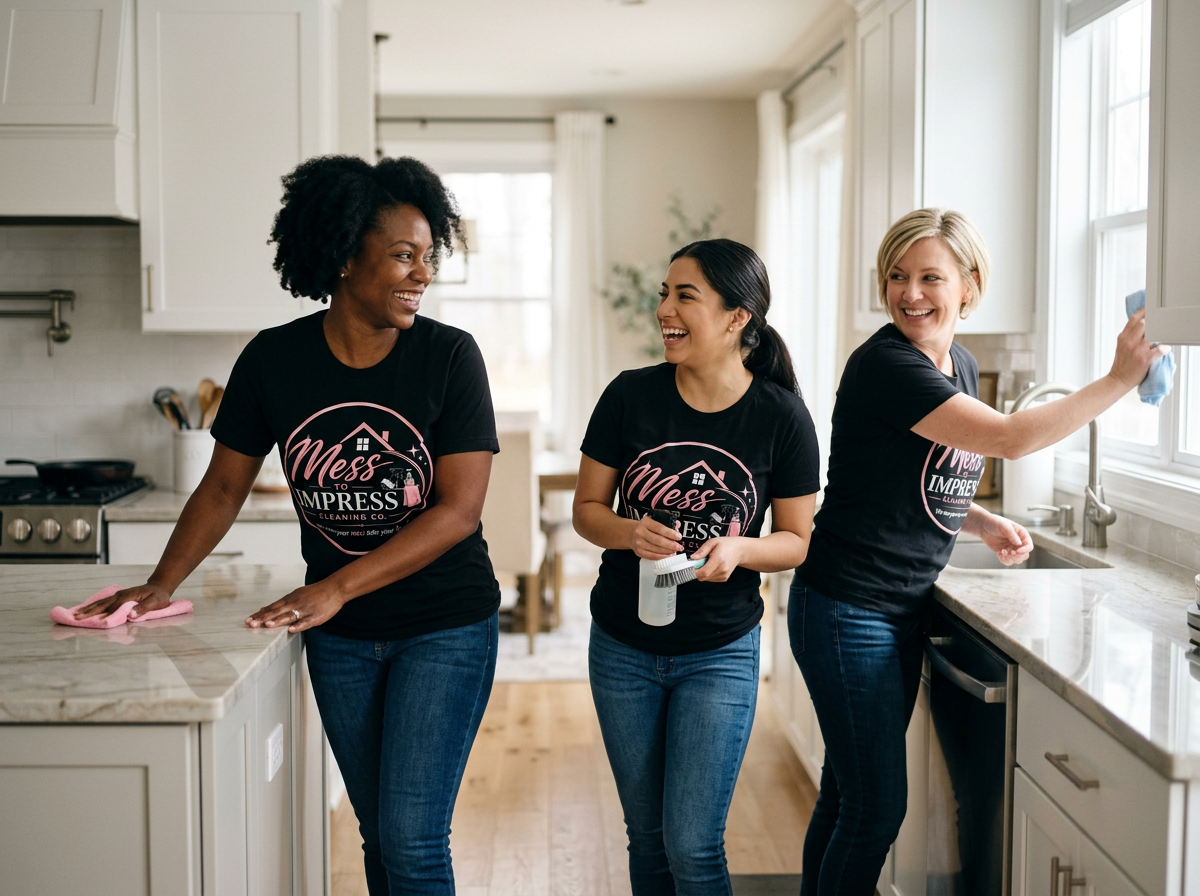 Three women in matching t-shirts cleaning a kitchen together, smiling and laughing.