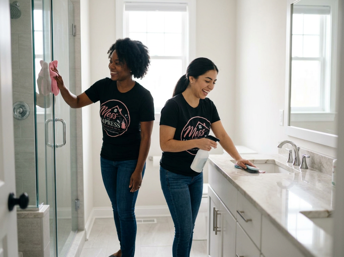 Two women cleaning a bathroom. One is wiping the shower door with a pink cloth, and the other is spraying cleaner and wiping the sink counter. They are both smiling and wearing matching black t-shirts.