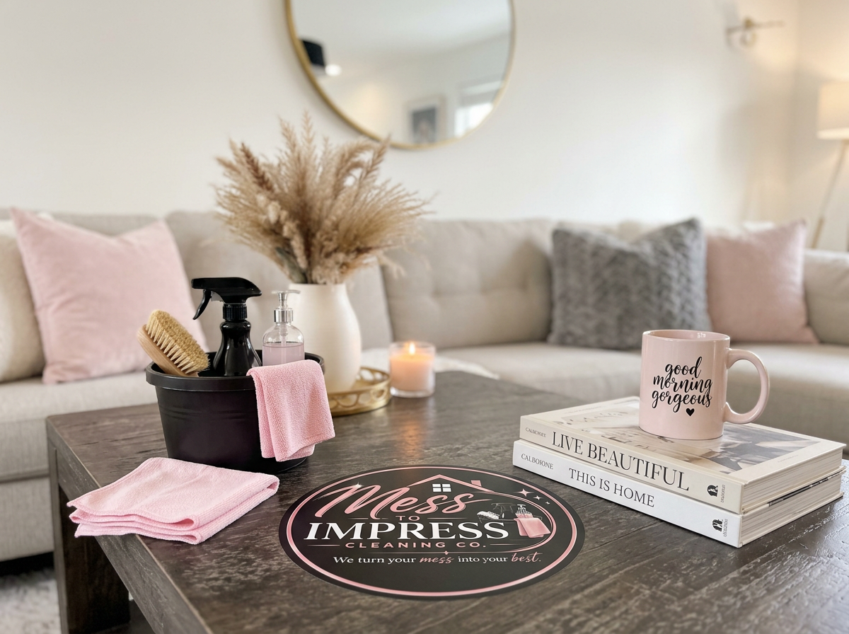 Living room with beige sofa with pink and gray pillows, round mirror on wall, wooden coffee table with cleaning supplies, pink towel, pink mug, books, and candles.