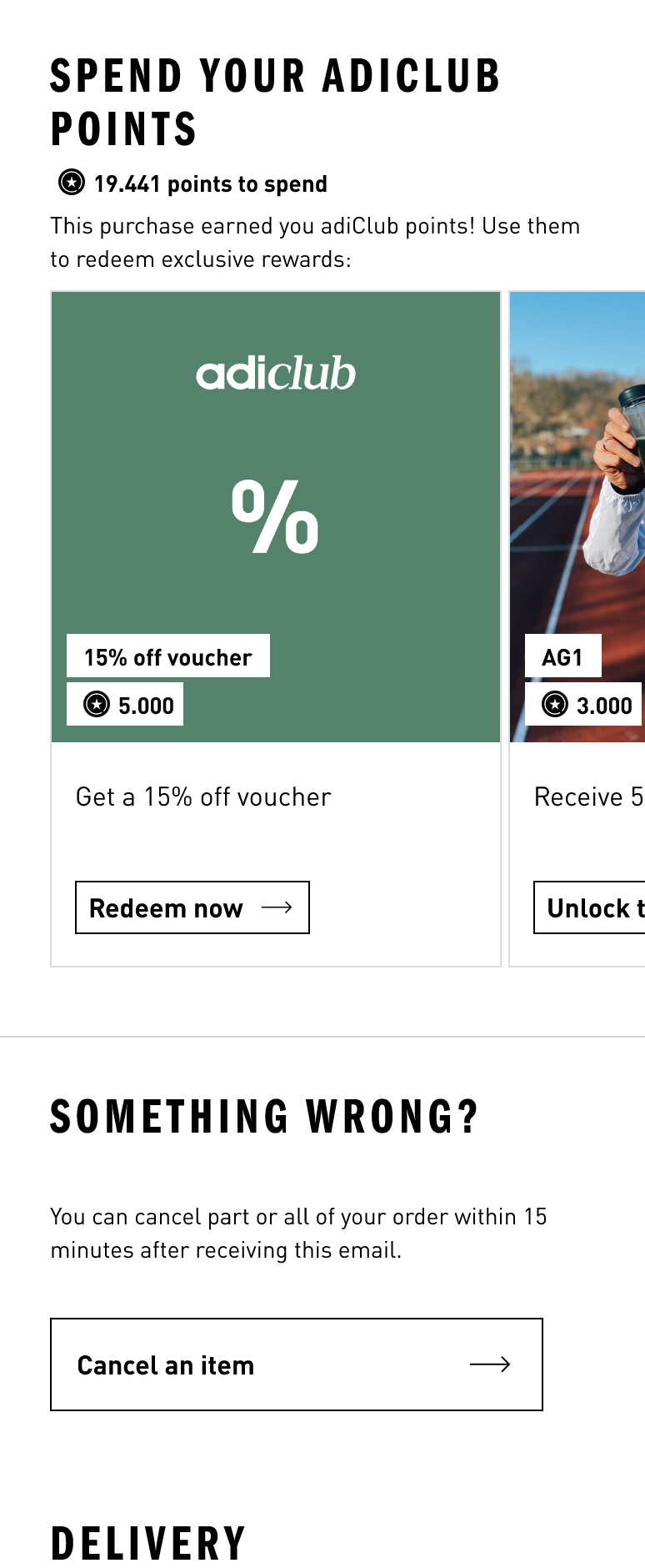 An email regarding adiClub points and rewards, showing a 15% off voucher and options to redeem or cancel orders, with instructions for order cancellation and a section about delivery.