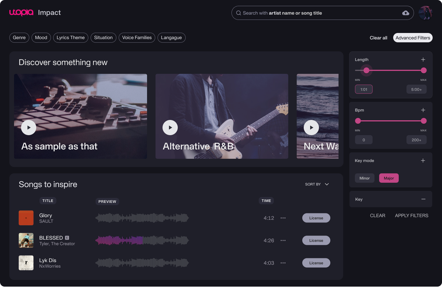 Utopia Impact music creation platform featuring a dark interface with sections for discovering music, filters for length, bpm, key mode, and key, and a list of songs to inspire with waveforms, titles, artists, and durations.