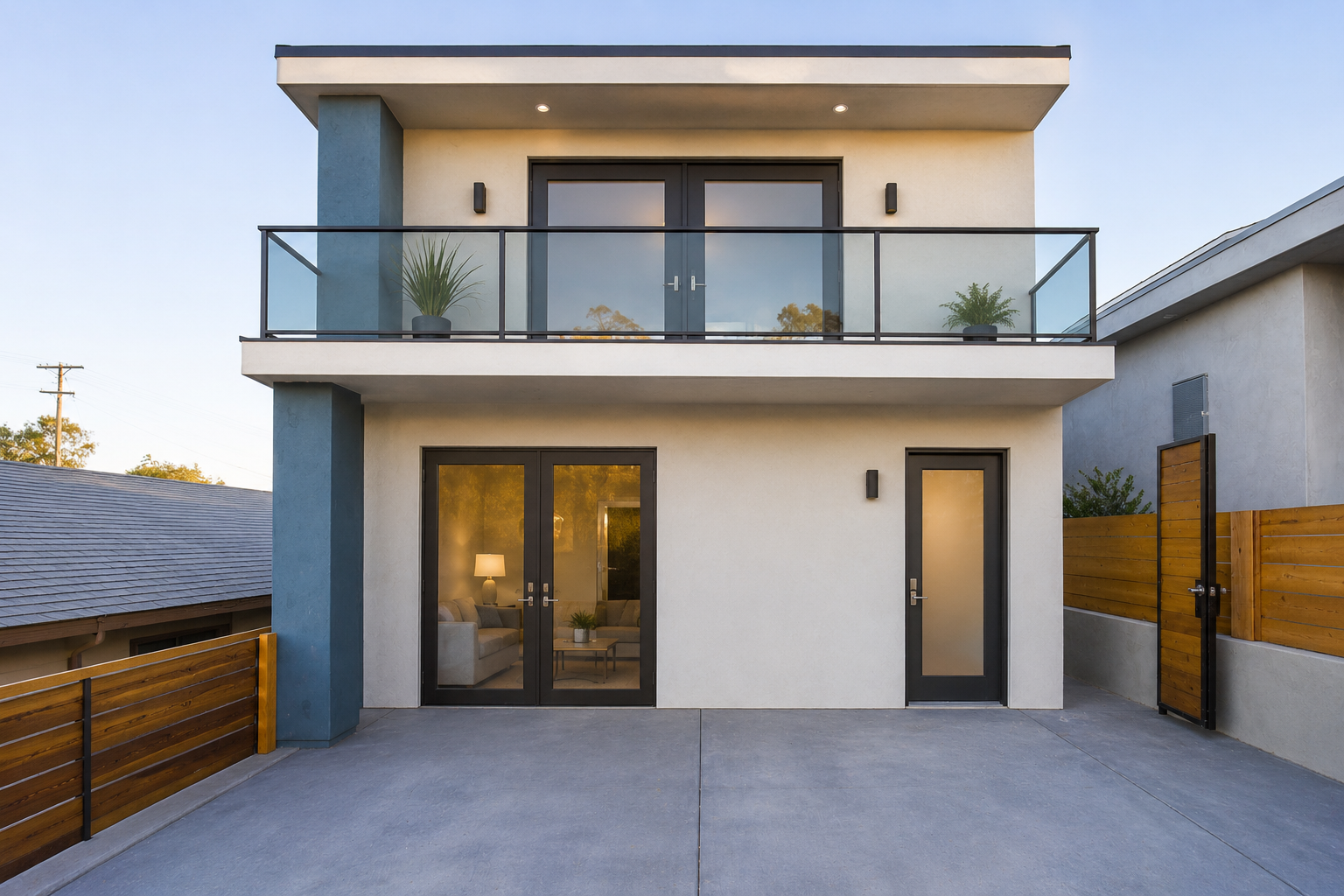 Modern two-story house with a deck and glass doors, outdoor patio with concrete surface, wooden fencing, and minimal decoration.