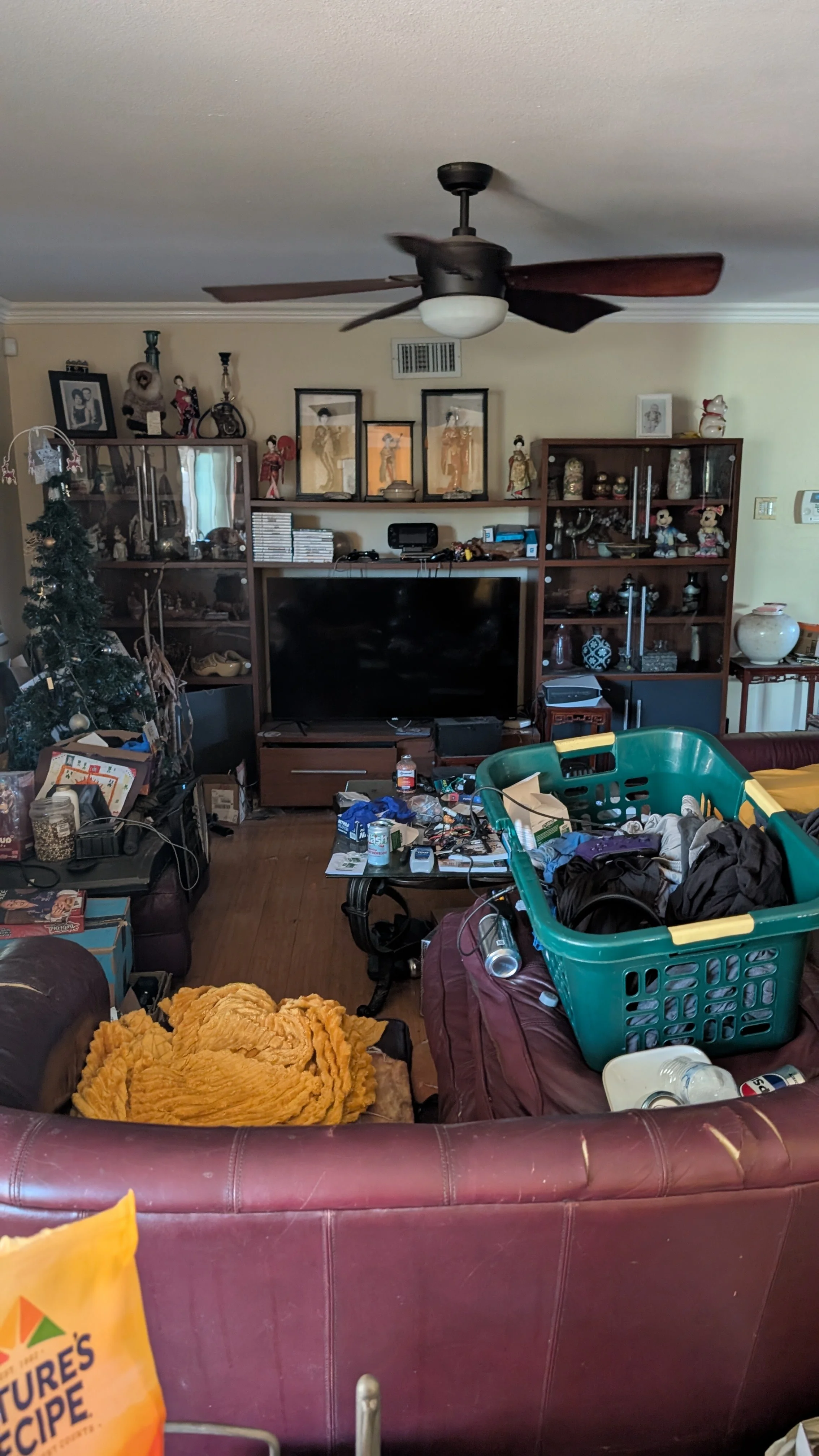Living room with a ceiling fan, shelves filled with decorative items, cluttered table and sofa, and various household objects scattered around.
