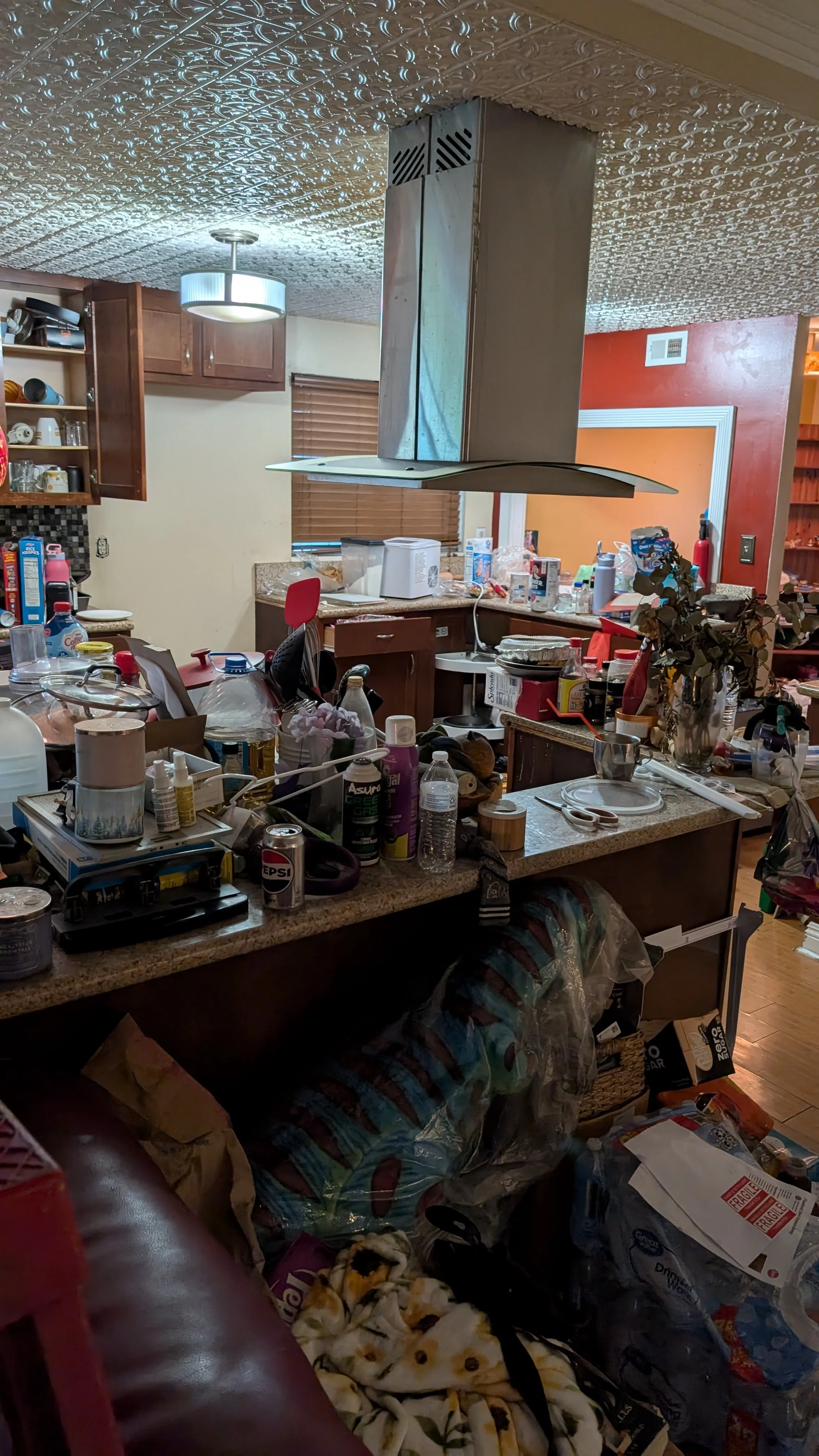 A cluttered kitchen with various items on the countertops, cabinets, and table, including bottles, boxes, and miscellaneous objects, with a dog lying on a blanket in the foreground.