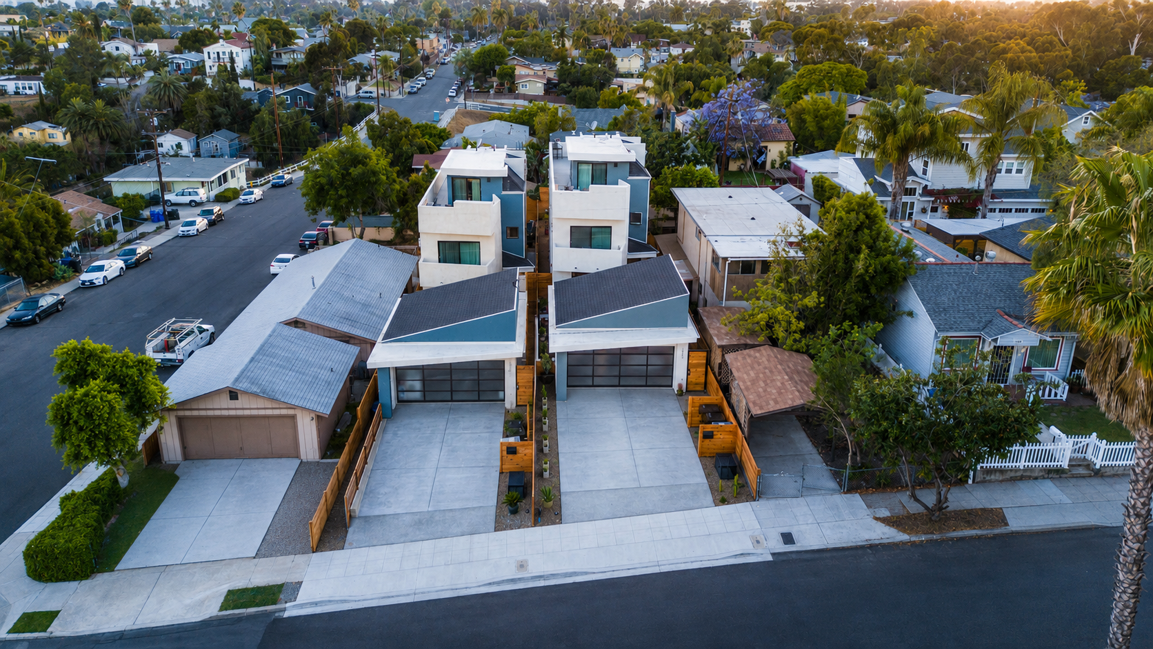 Aerial view of two completed contemporary homes South Park San Diego