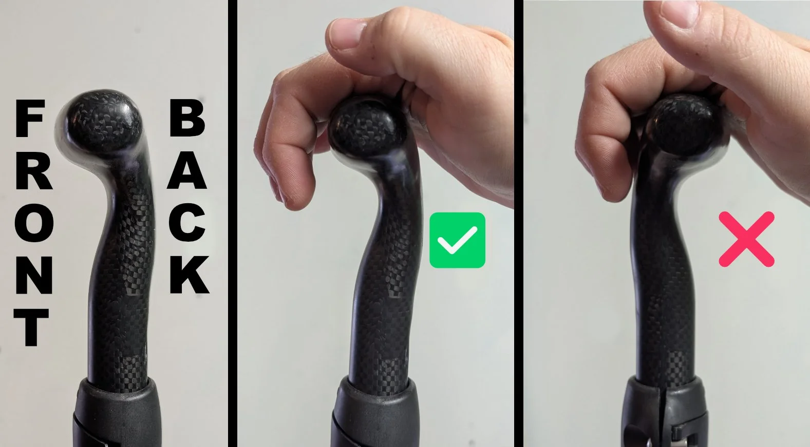 Triptych showing a SUP paddle handle orientation and correct and incorrect ways to hold it.