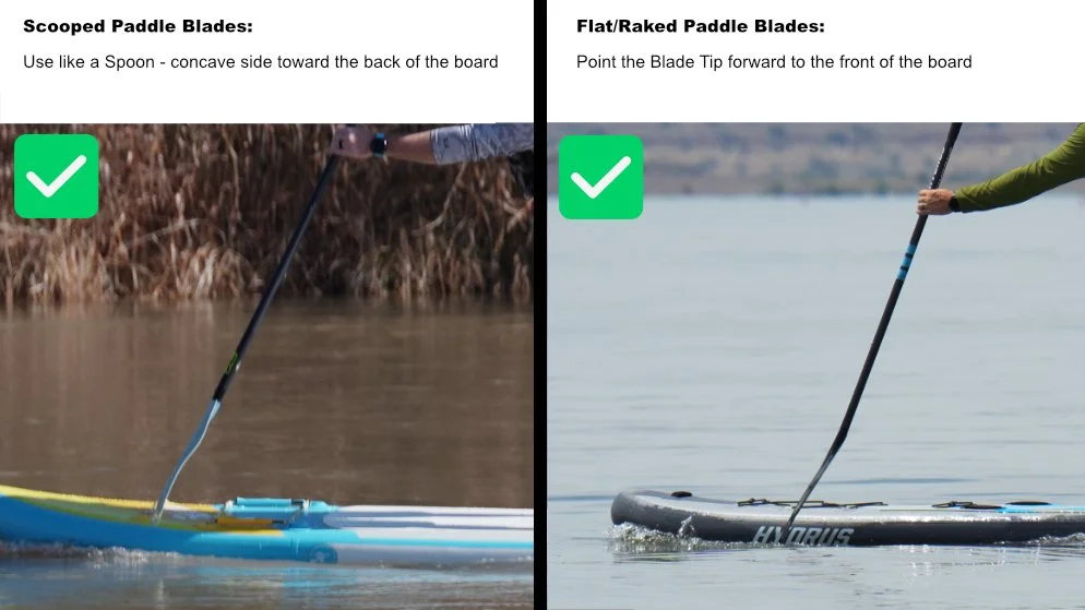 side by side pictures showing the correct way to orient your paddle blade for scooped and raked paddles.