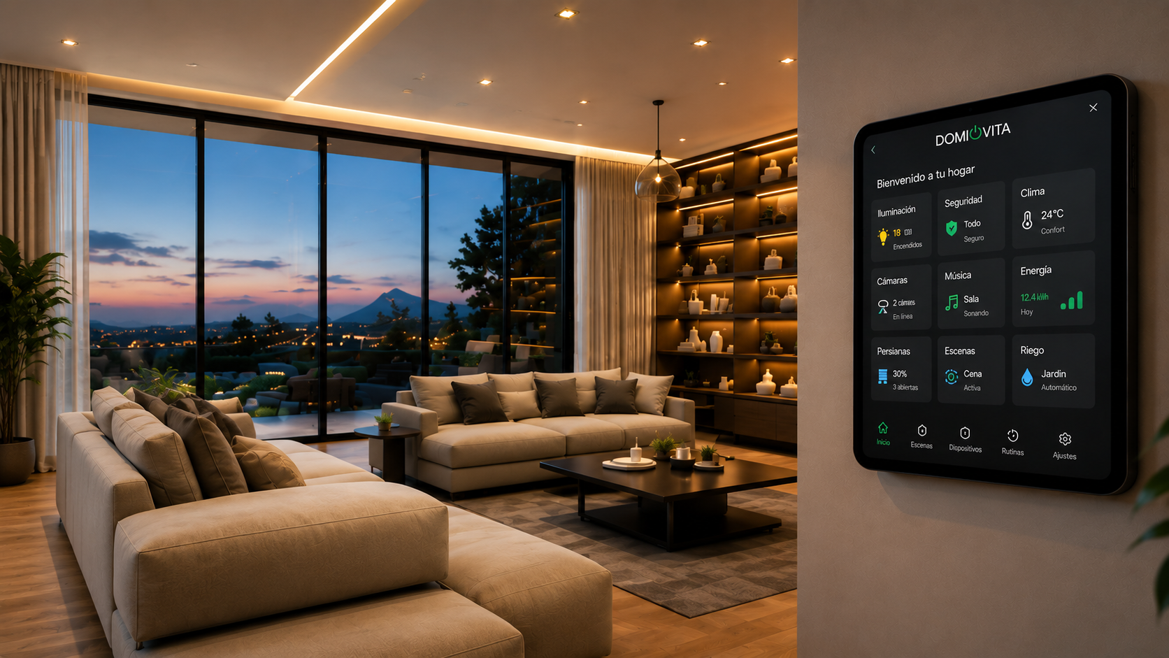 Sala de estar moderna con un panel inteligente en la pared con control de iluminación, seguridad, clima, cámaras, música, energía, persianas, escenas, riego y rutinas. Tiene sillones beige y vista a un volcán al atardecer.
