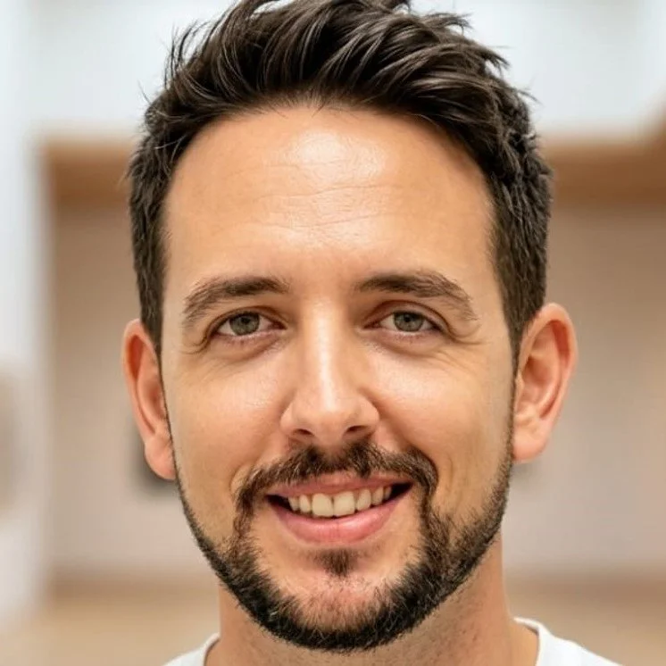 Retrato de un hombre con barba y cabello castaño, sonriendo, fondo difuso.