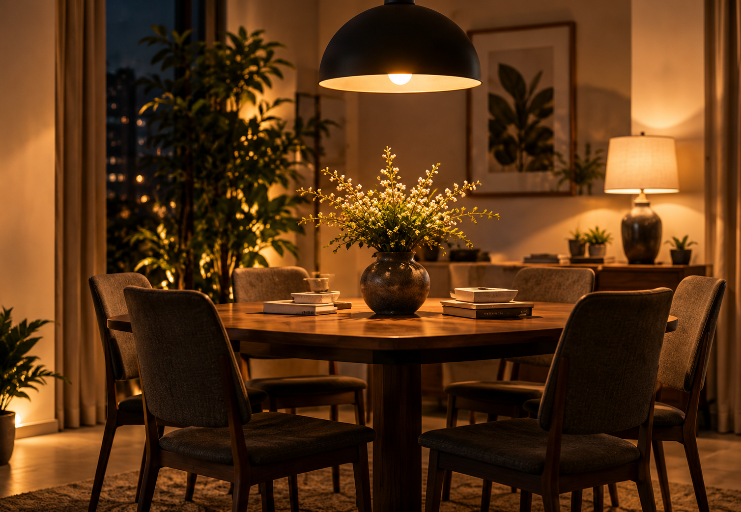 Mesa de comedor de madera con seis sillas, centro de flores en un jarrón grande, iluminación cálida, plantas y cuadros en la pared, lámpara en una mesa de fondo.