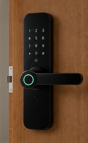 Cerradura inteligente en una puerta de madera con teclado y manija con luz verde.