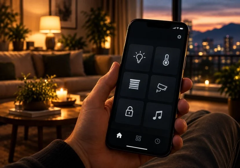 Persona sosteniendo un teléfono inteligente con controles de iluminación, temperatura, persianas, cámara, cerradura y música en una sala con luces cálidas, una mesa con una planta y velas, y una vista del atardecer por una ventana.