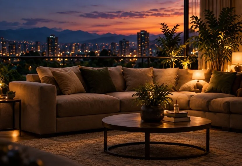 Sala de estar con sofá grande y cojines, mesa de centro con plantas y libros, vista de la ciudad y montañas al atardecer, con lámparas y plantas en el interior.