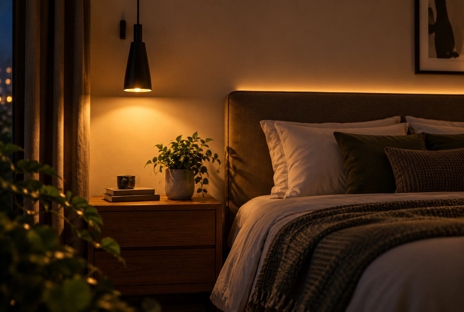 Dormitorio con cama, cojines, lámpara de pared, planta en la mesa de noche y marco en la pared, ambiente cálido y acogedor.