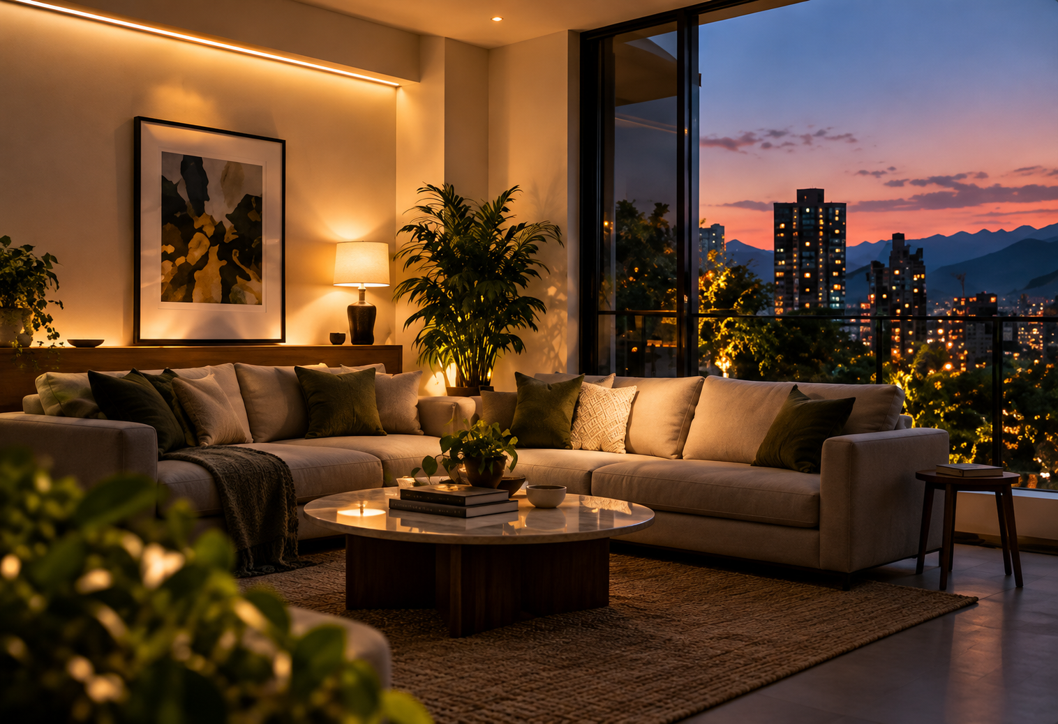 Sala de estar moderna en interior durante el atardecer, con sofá grande, lámpara, plantas, mesa de centro y vista a la ciudad y montañas.