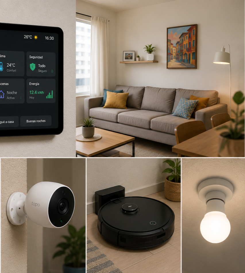 Sala de estar moderna con sofá gris, cuadros en la pared, lámpara de pie y plantas decorativas. Dispositivo inteligente en la pared, cámara de seguridad, robot aspirador y luz en el techo.