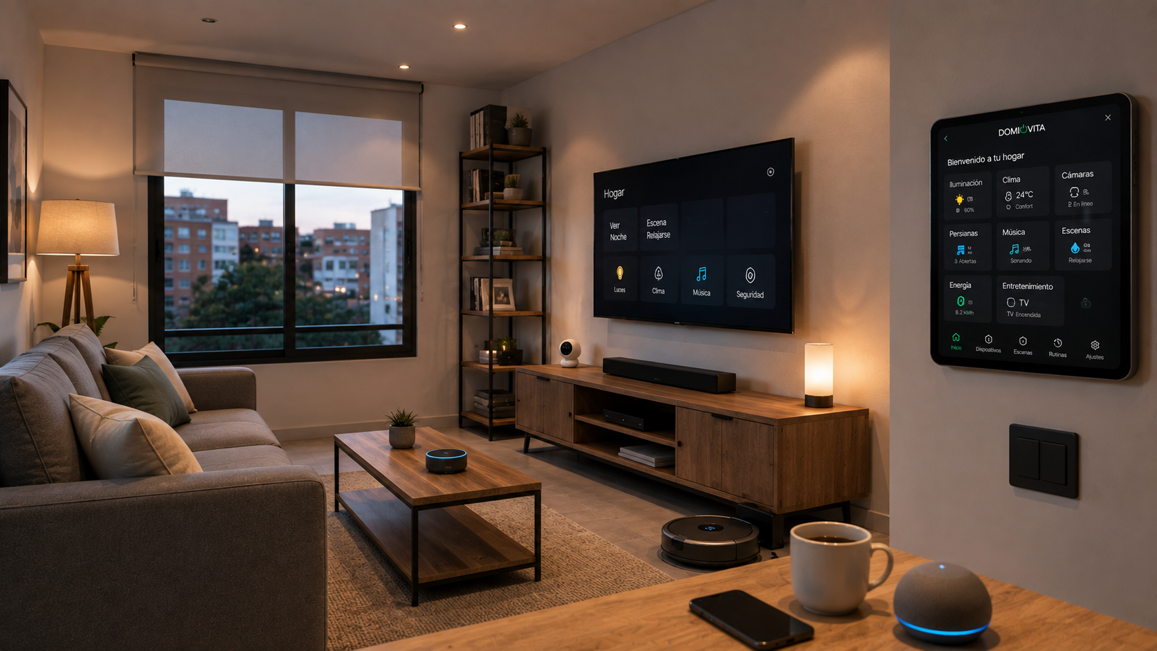 Salón moderno con sofá, mesa de centro, televisión inteligente, estantería de madera, lámparas, ventanas grandes, y dispositivos tecnológicos en un ambiente acogedor y bien iluminado.