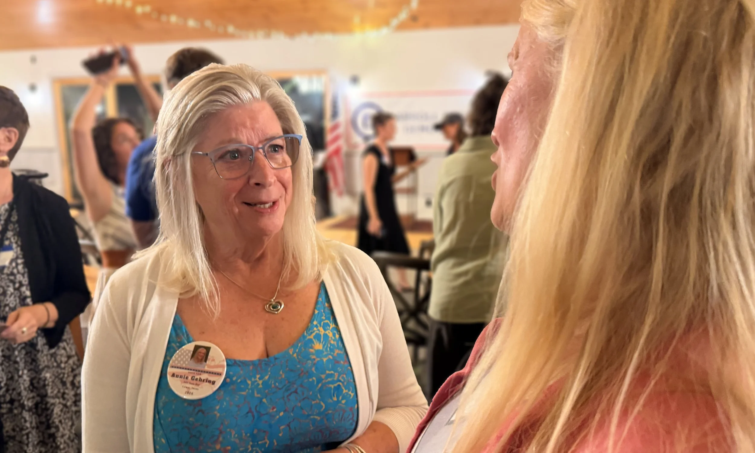 Annie Gehring, running for election for New Hampshire House of Representatives from Carroll County, District 4, talking with voter in a room with other people in the background