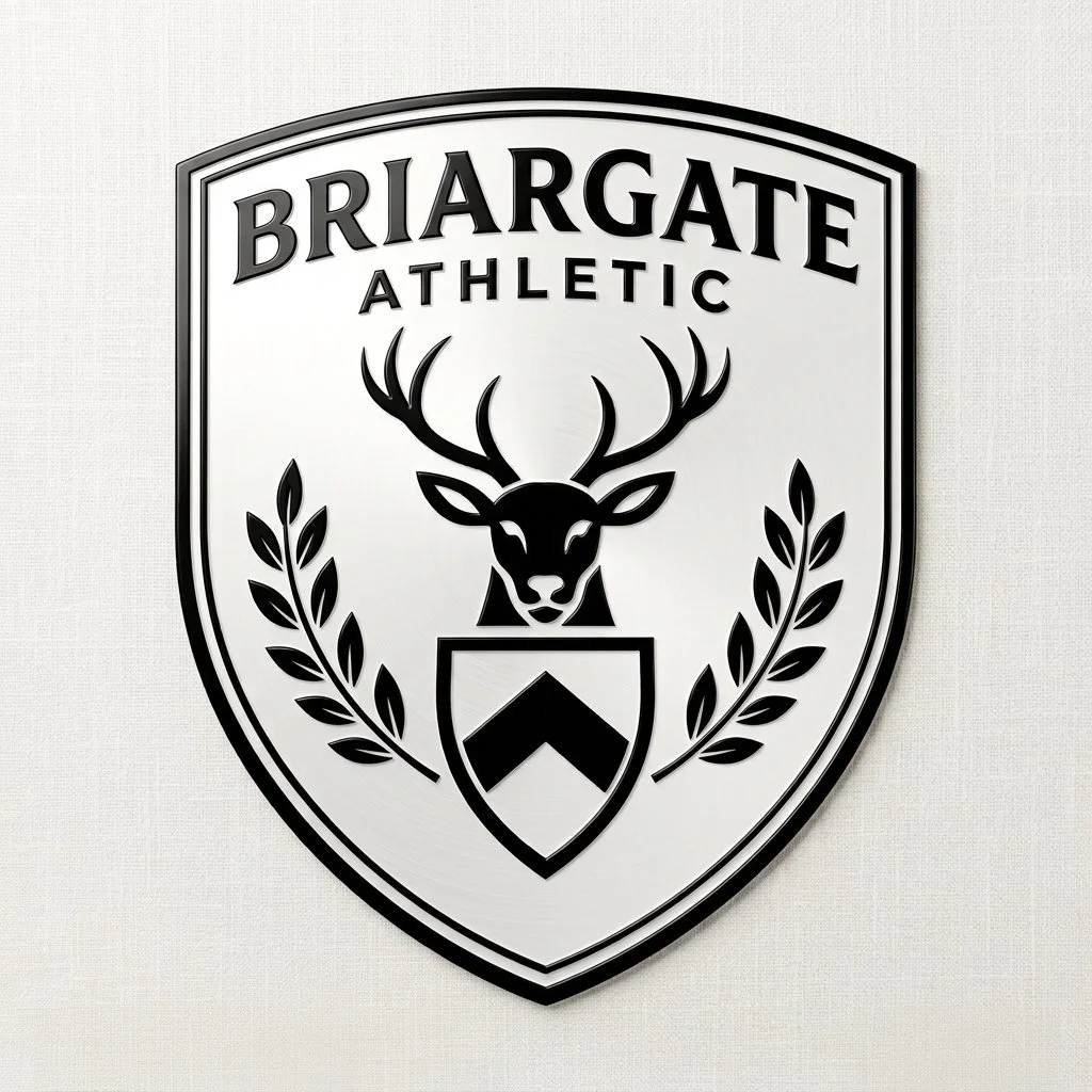 A black and white emblem for Briargate Athletic featuring a deer head with antlers, laurel branches, and a shield with a chevron.