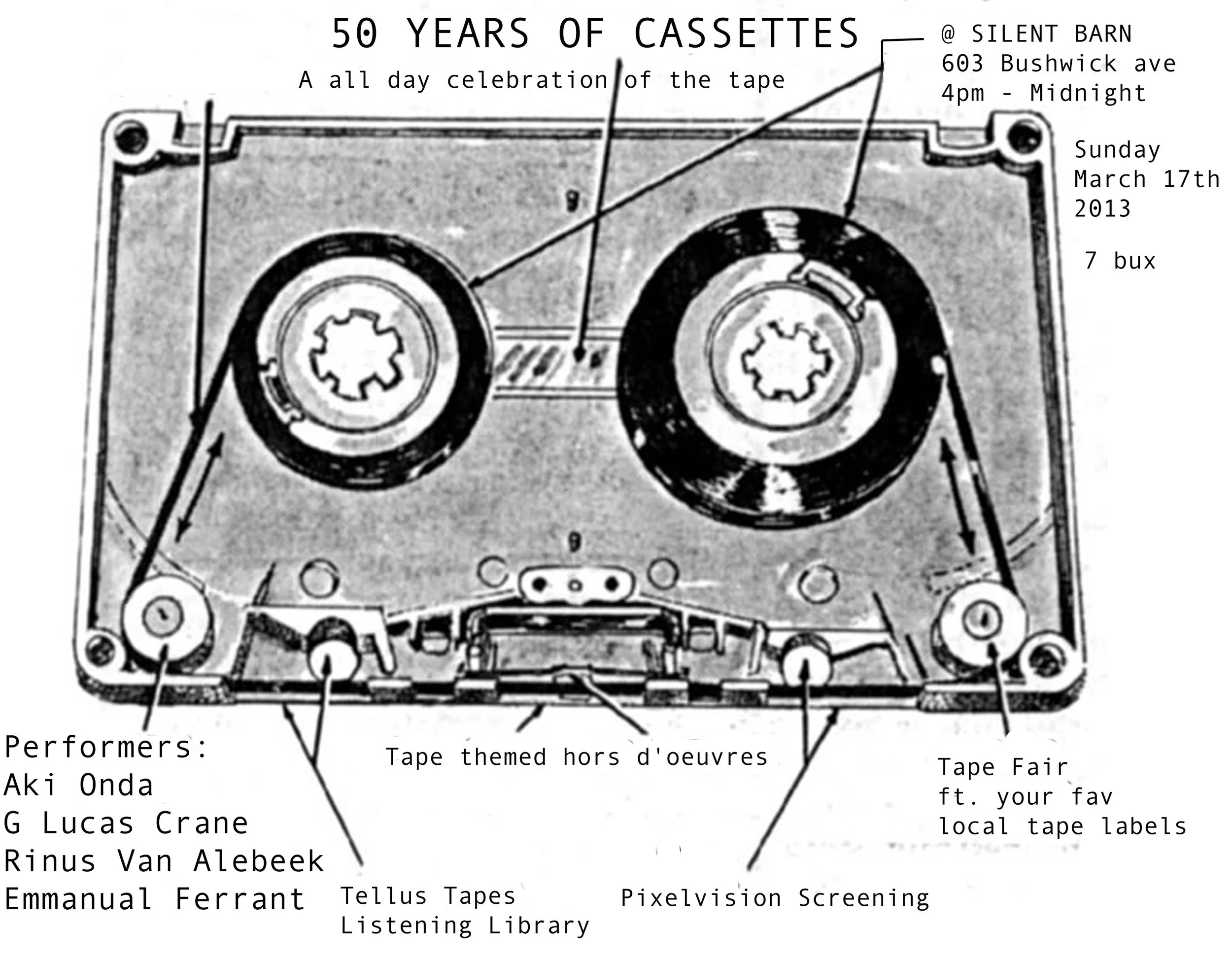 Event poster celebrating 50 years of cassette tapes featuring a drawing of a cassette tape with handwritten style text. Details include location, date, and activities such as tape-themed arts and crafts, performances, and film screenings.