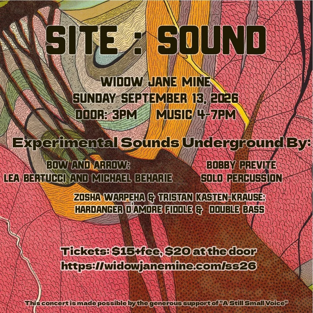 Event flyer with artistic leaf background for 'Site: Sound' concert on September 13, 2026, featuring Widow Jane Mine. Includes details about arrival time, music hours, underground experimental sounds, performers, ticket prices, and a website link. Mentions support from 'A Still Small Voice.'