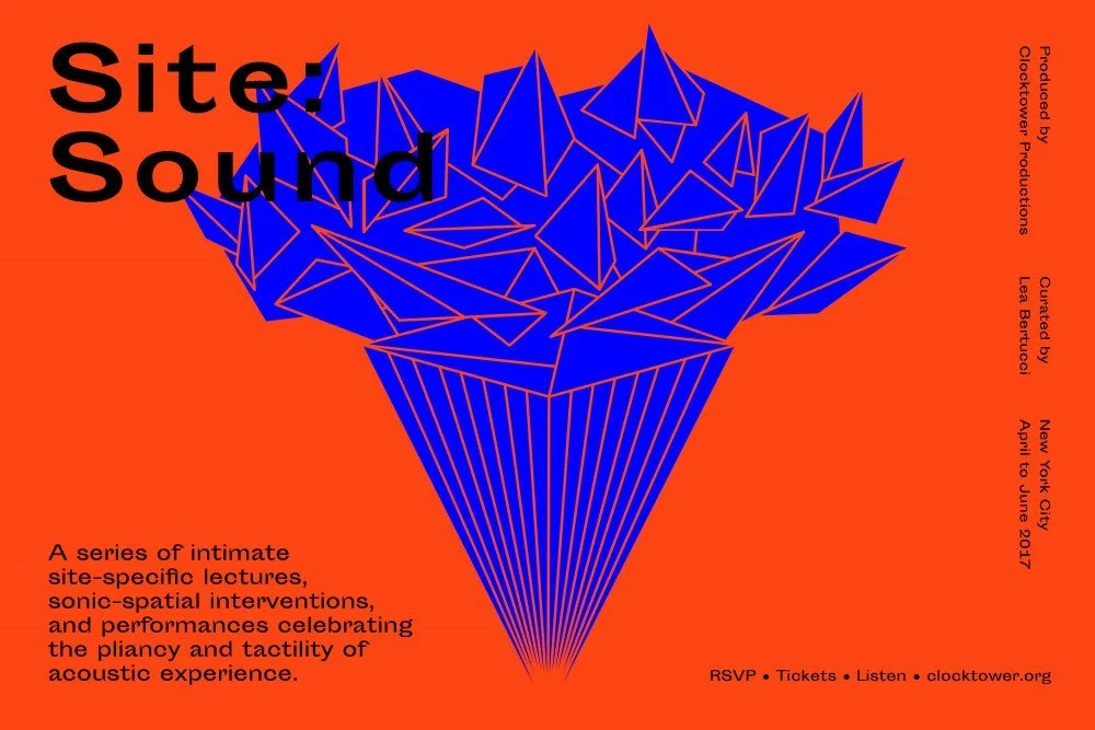 A poster for Site Sound, featuring a blue abstract geometric sculpture on an orange background. Text lists event details, including dates, location, and activities focused on acoustic experience.