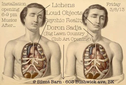 Vintage event poster with two illustrated women showing interior body organs, featuring labels for 'Lichens,' 'Loud Objects,' 'Psychic Reality,' and 'Doron Sadja.' Details include installation opening on March 8, 2013, from 6-9 pm, at Silent Barn, 60